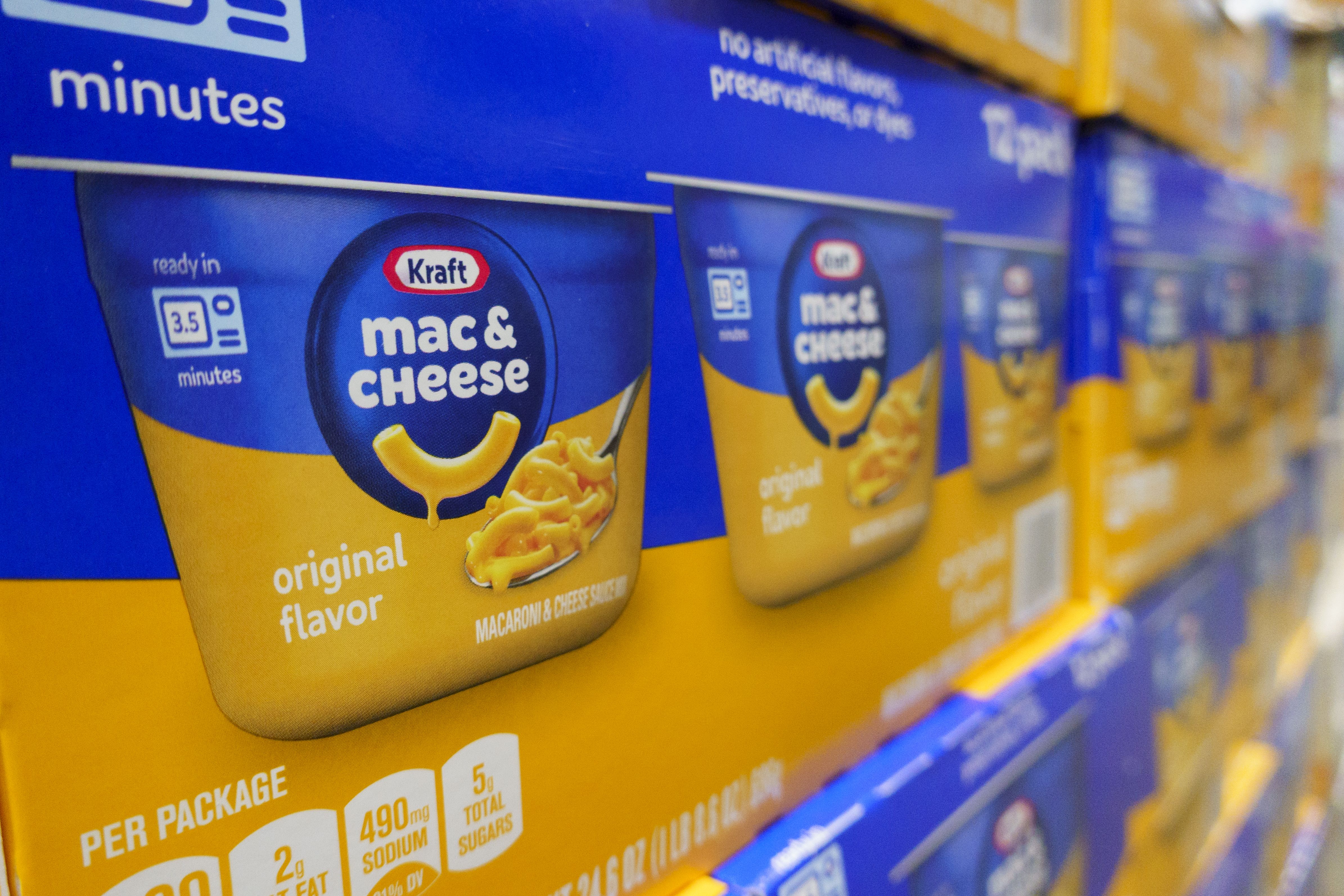 Photo of a box of mac & cheese on a grocery shelf. 