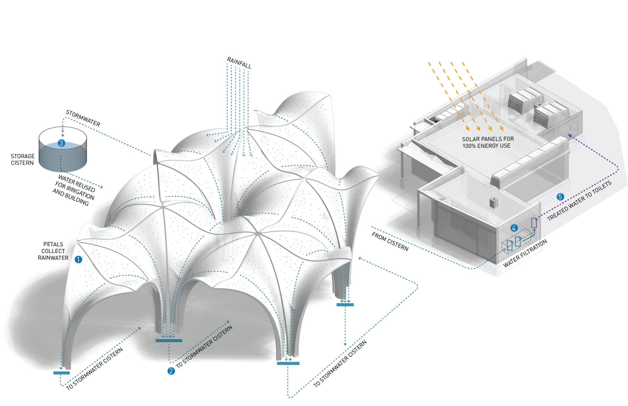 Infographic showing petal-shaped canopy over a building, stormwater collected in a storage cistern with blue rainwater lines, and orange solar rays saying Solar panels for 100% energy use