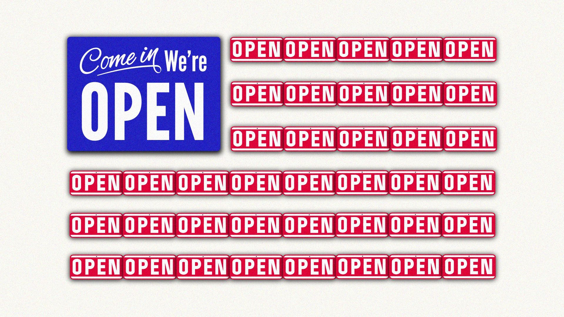 Illustration of open signs in the shape of the U.S. flag.