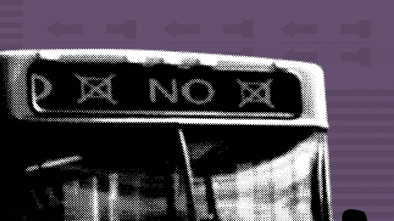 Animated illustration of a bus with a digital sign reading no, with boxes with X marks in them, over a purple background with elements of ballots.