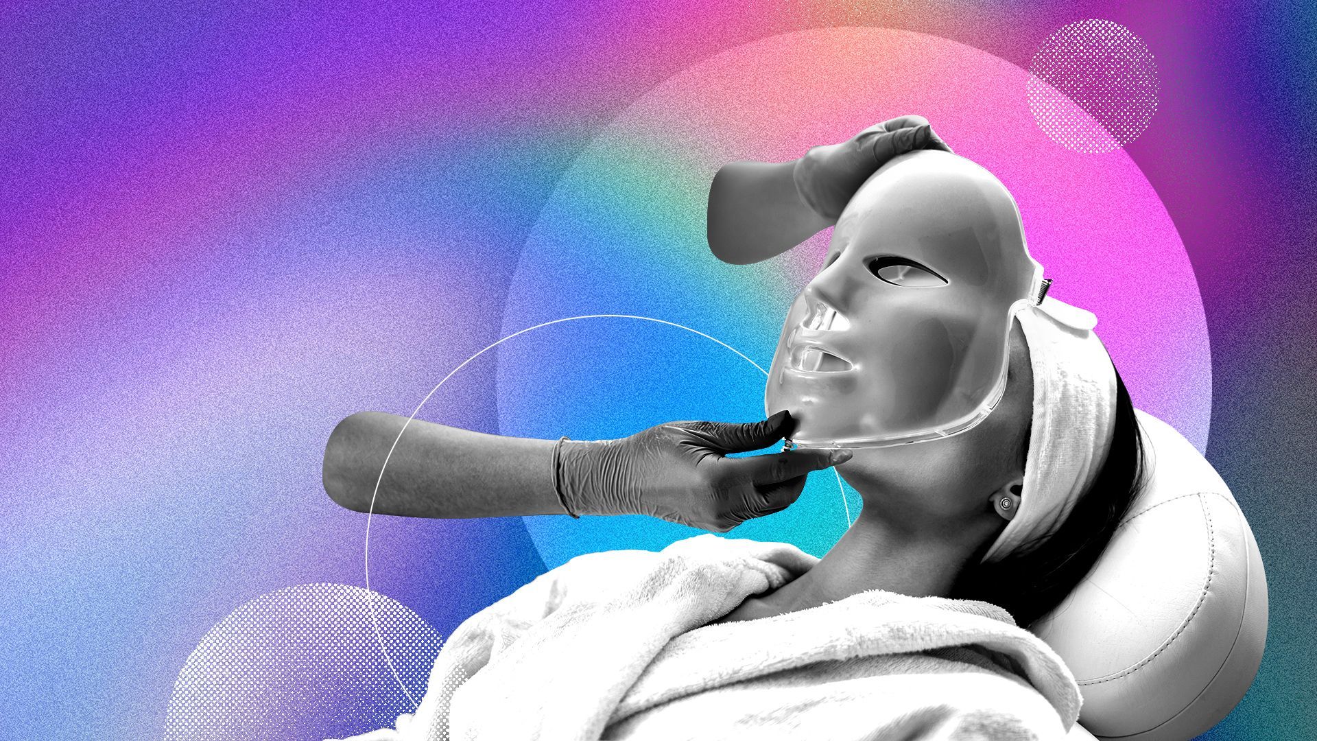 Illustrated collage of a woman about to use an LED beauty mask on a colorful gradient background. 