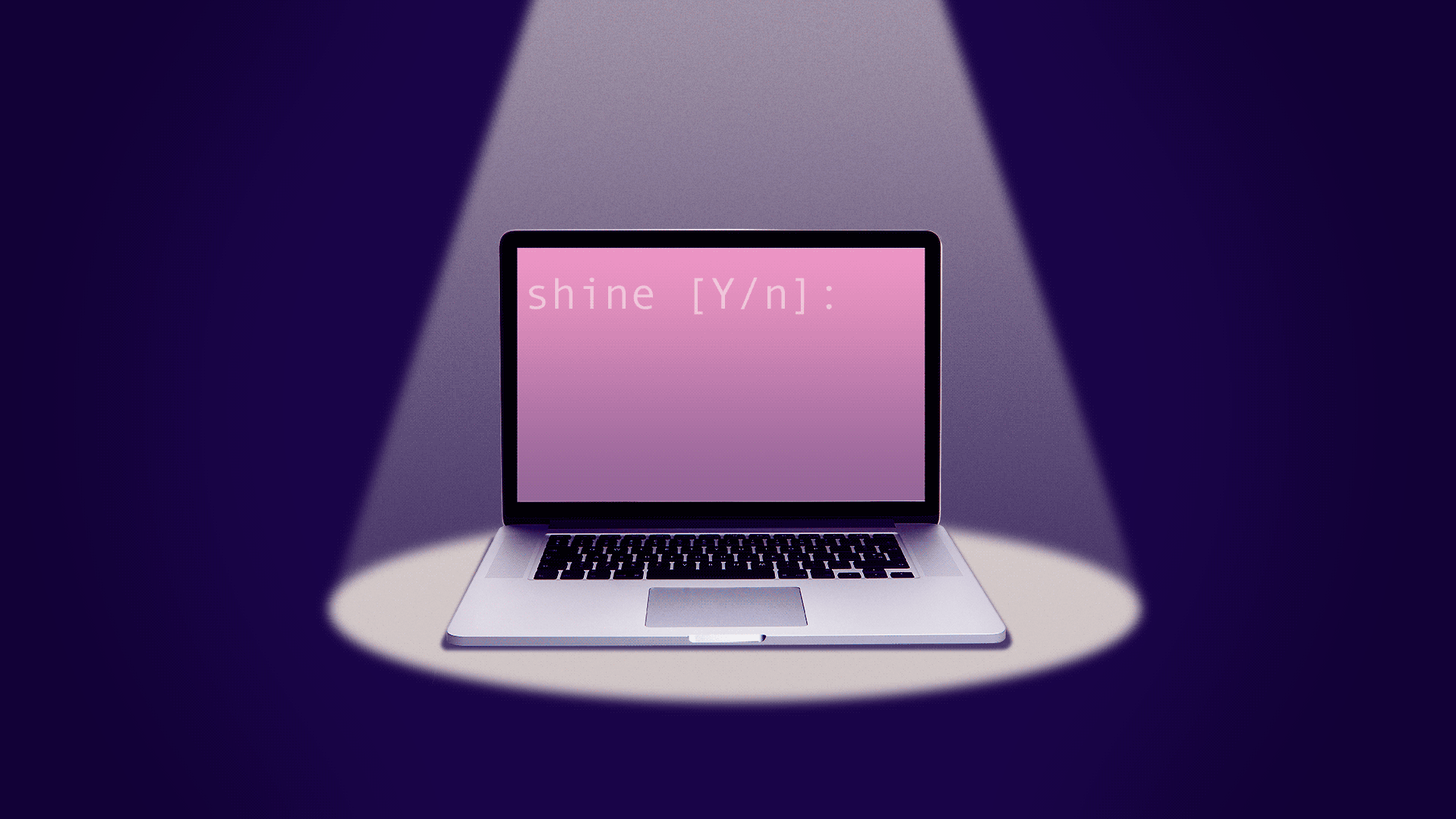  Animated Gif of a computer in a spotlight running a terminal-like program that reads: Shine, yes, no