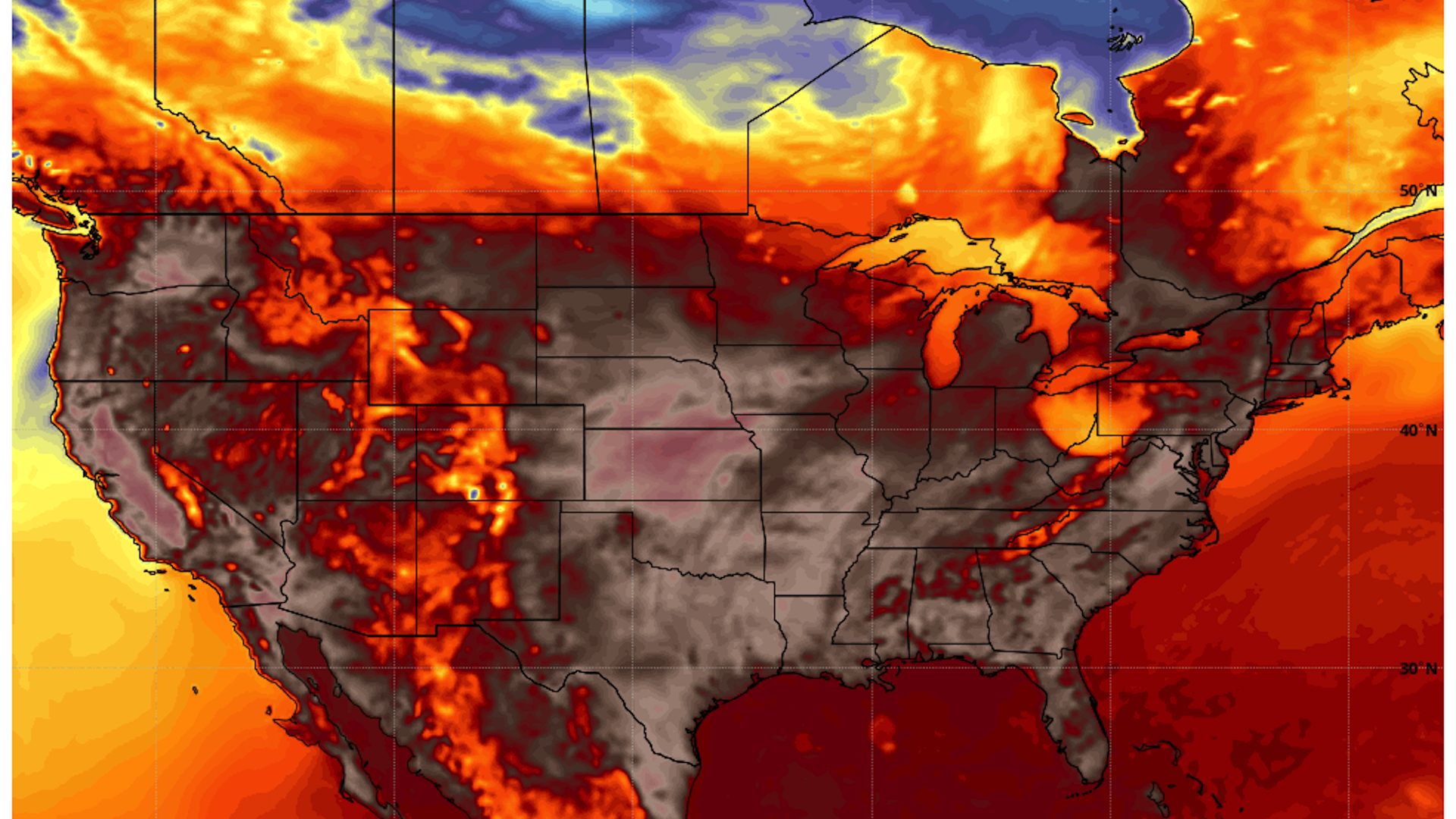 Weather map of the United States showing orange and red colors marking a heat wave in August 2021.