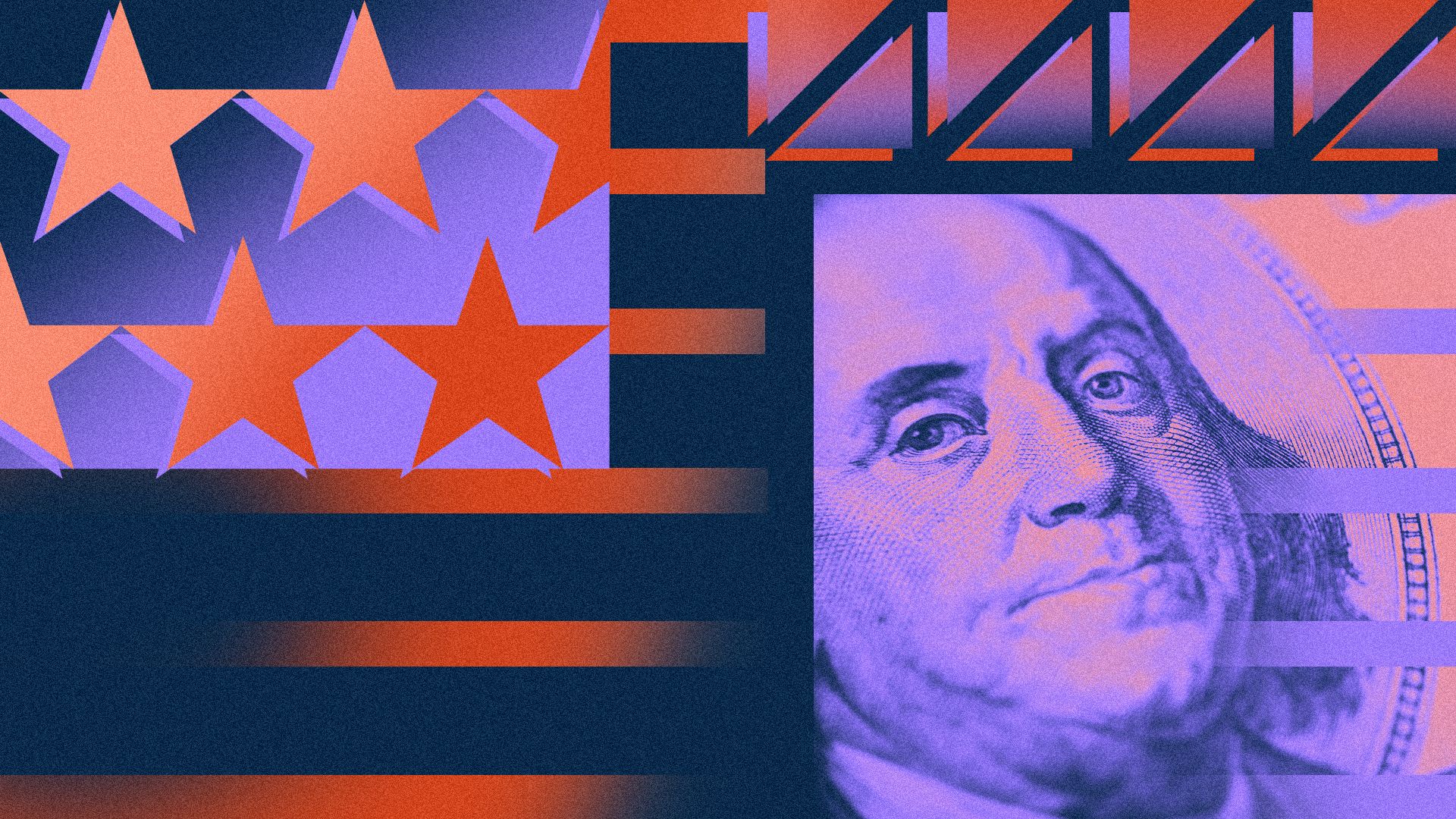 Illustrated collage resembling an American flag with a hundred dollar bill