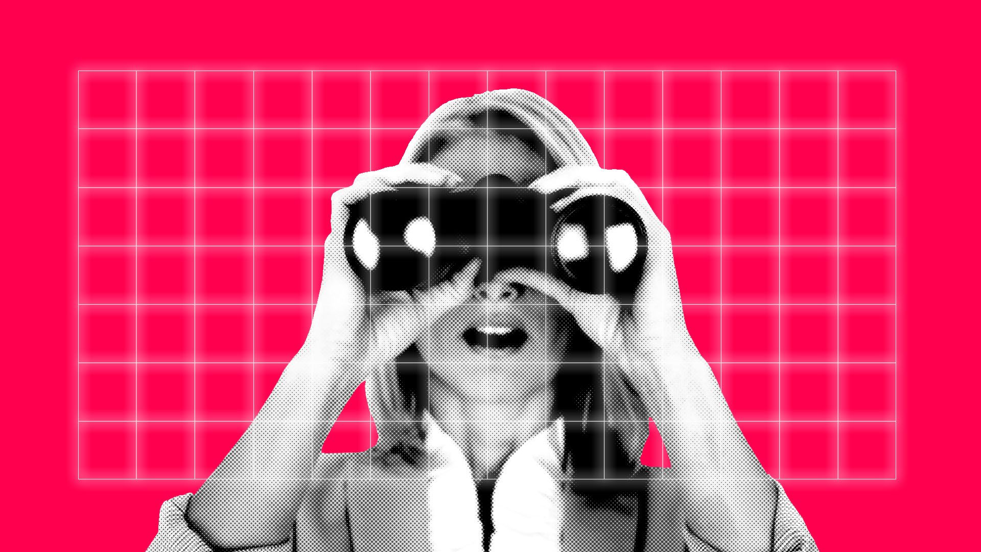 Illustration of a woman looking through binoculars through a grid