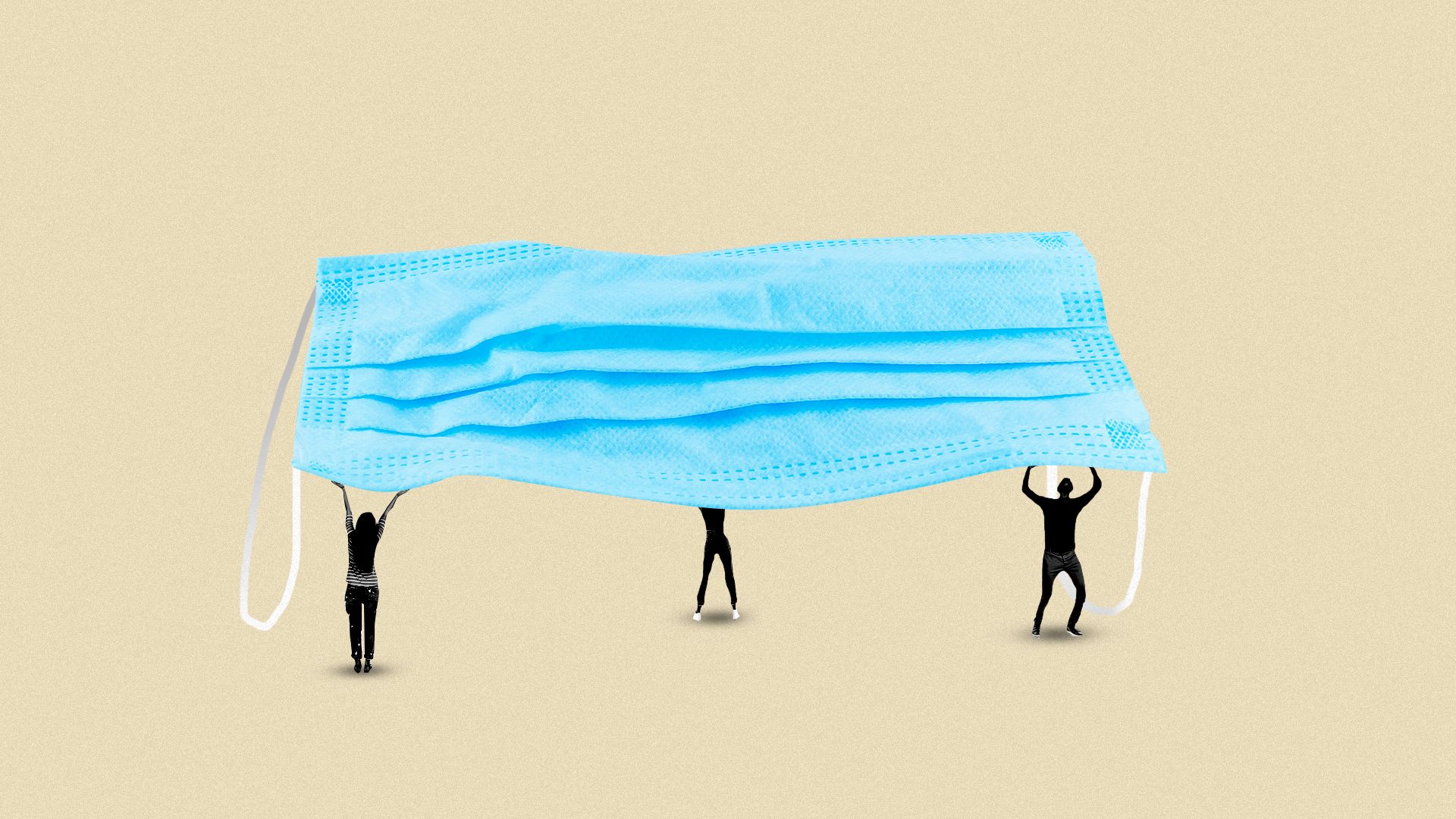 Illustration of 3 tiny people carrying a large surgical mask