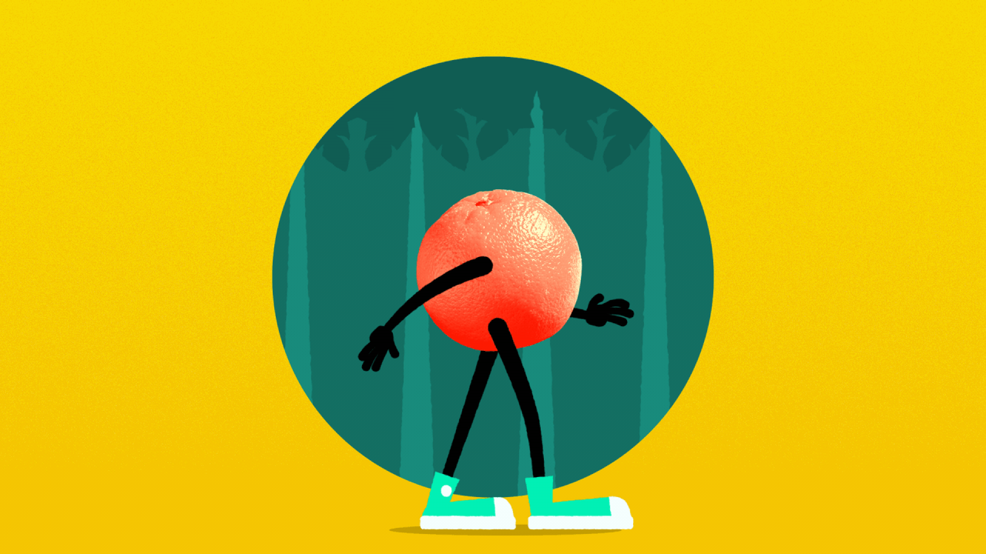 Illustration of an orange with arms and legs, walking.