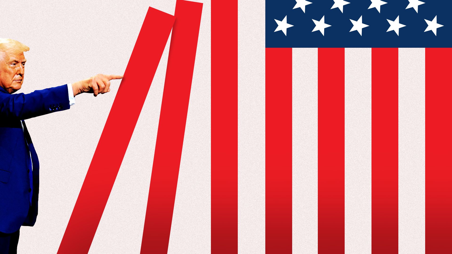 Photo illustration of President Trump pushing over the stripes of the U.S. flag