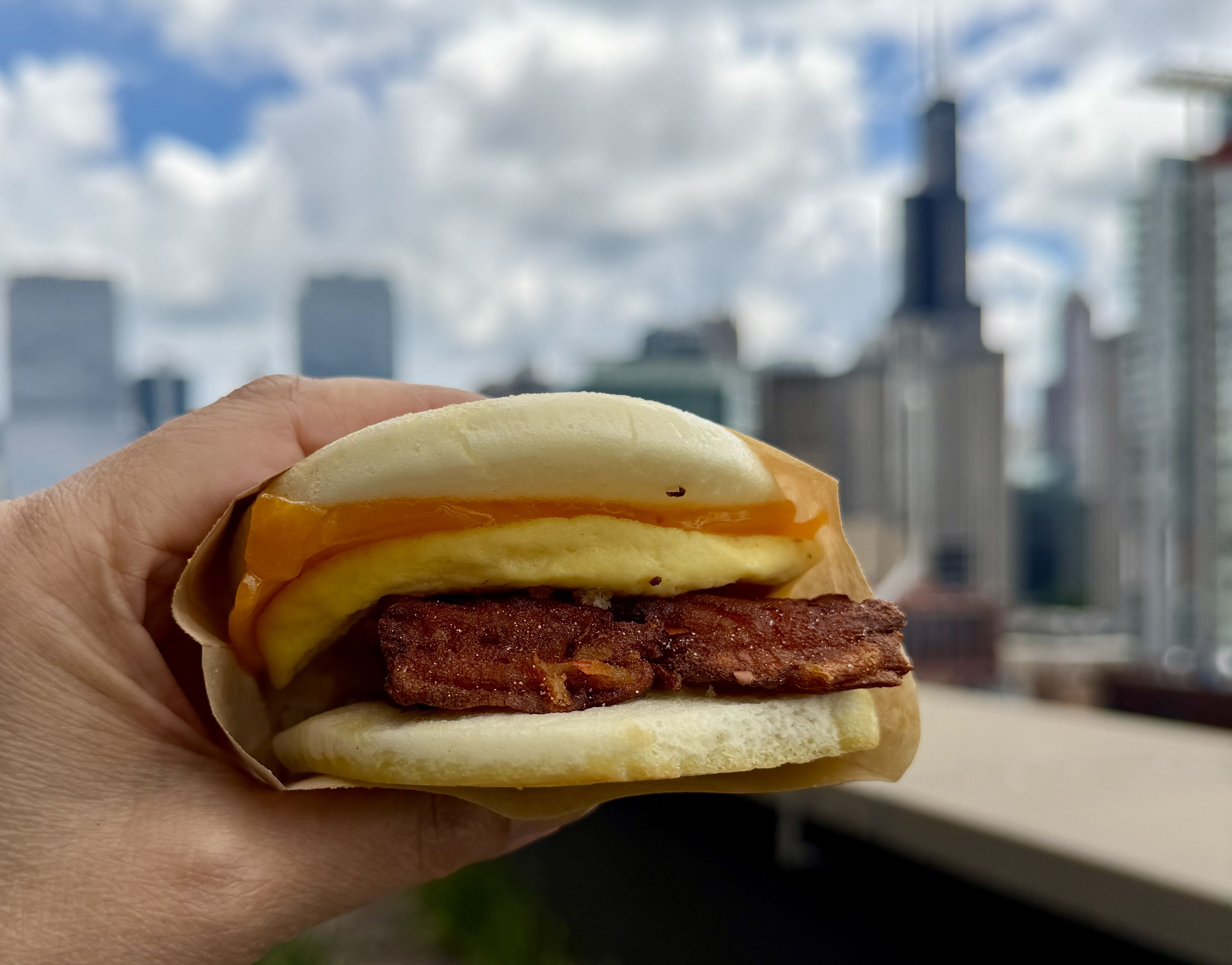 Close-up of a hand holding a burger with two buns, a beef patty, and cheese, against a blurred city skyline and blue sky in the background.