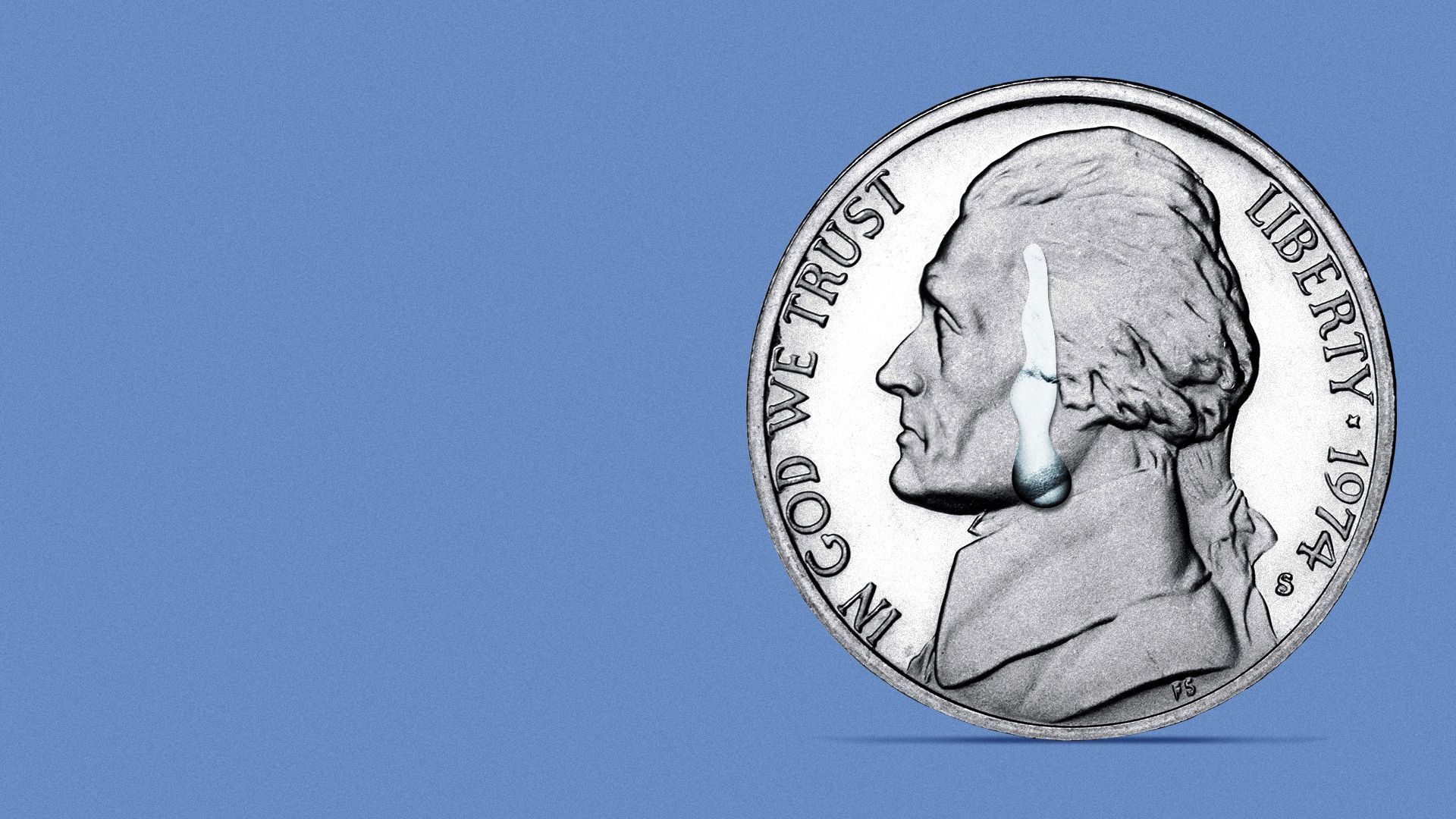 Illustration of a sweating nickel and a nervous Thomas Jefferson.