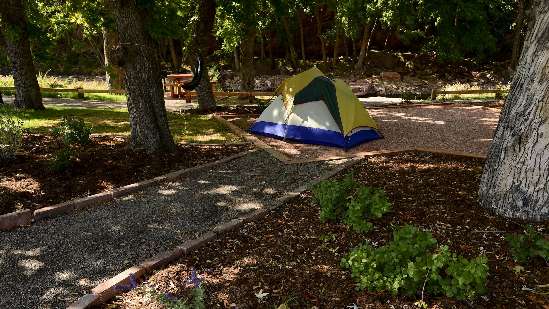 A tent is seen in a campground under some trees.