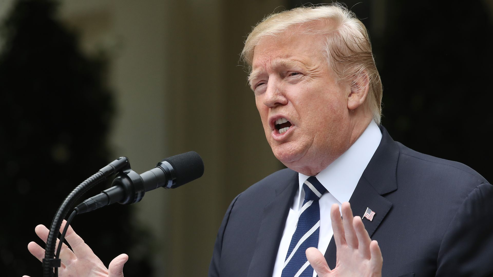 In this image, Trump raises his hands while speaking into a microphone.