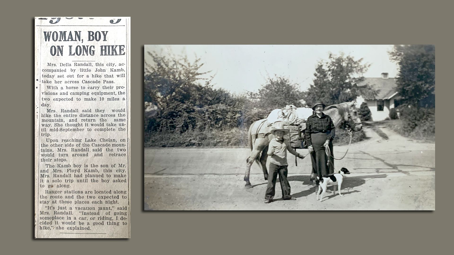 A scrapbook photo of a boy, woman and pack horse with a newspaper clipping with headline, "Woman, boy on long hike,"