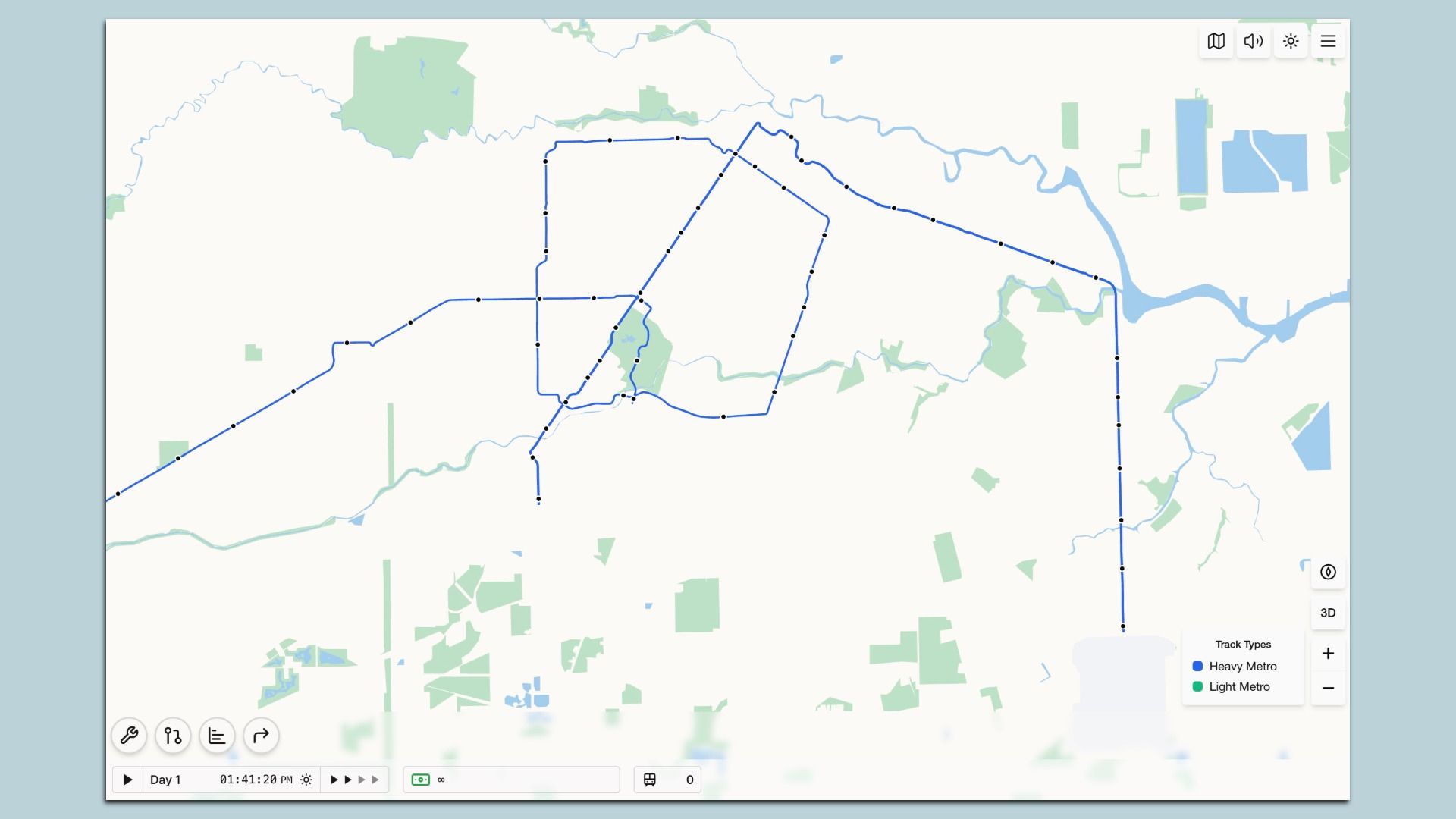 Map showing heavy metro routes in blue with multiple connected lines and stops, over a light background with green and blue areas representing parks and water bodies.