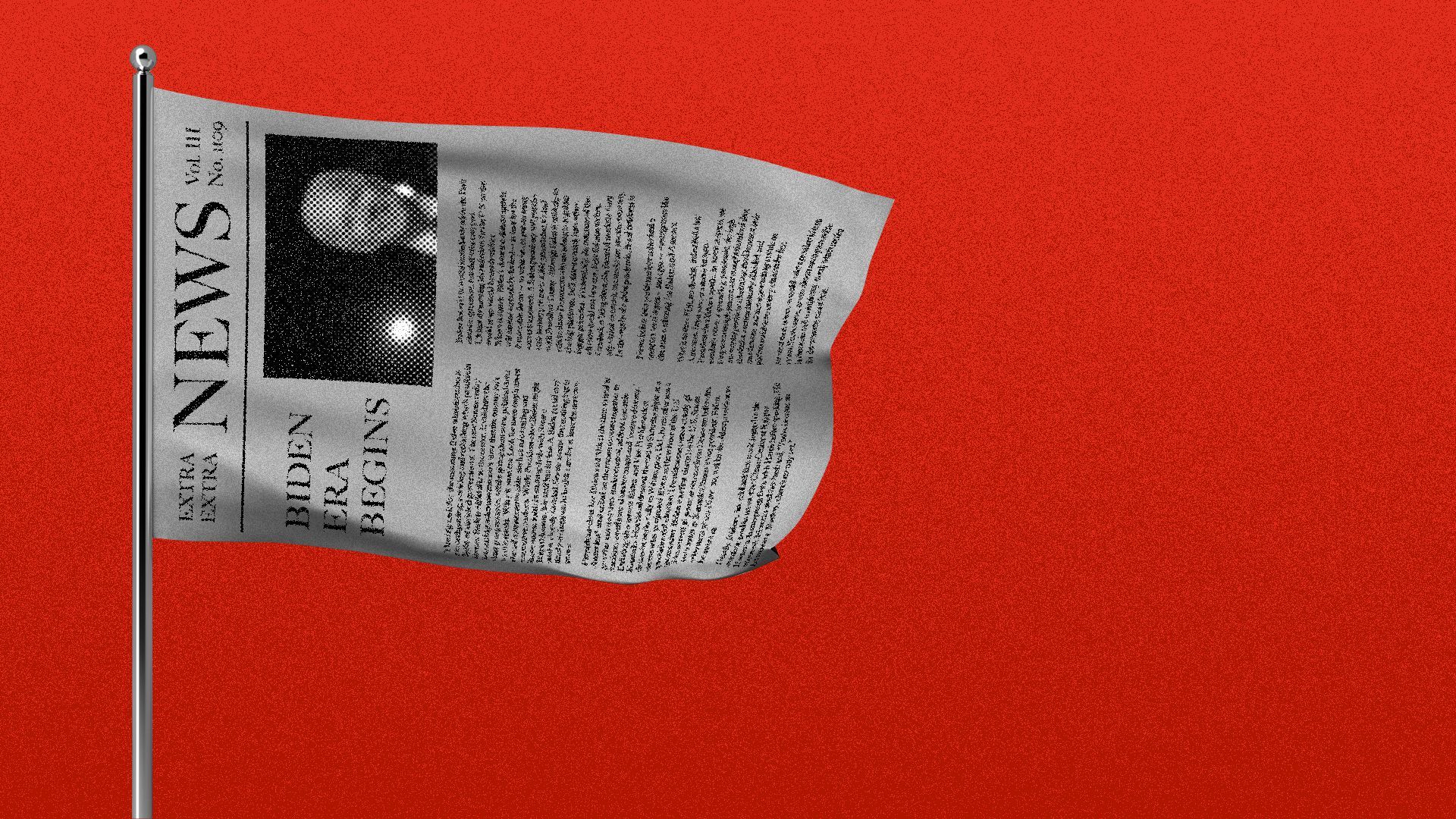 Illustration of a newspaper front page as a flag.