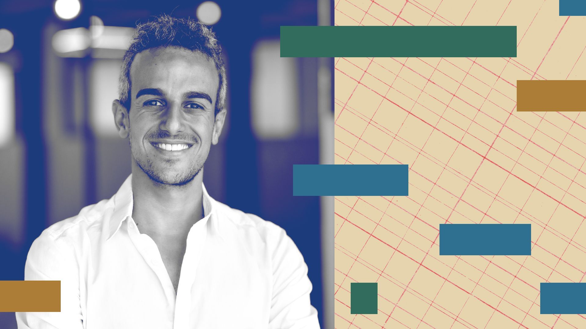 Photo illustration of Itai Damti with abstract shapes and textures.