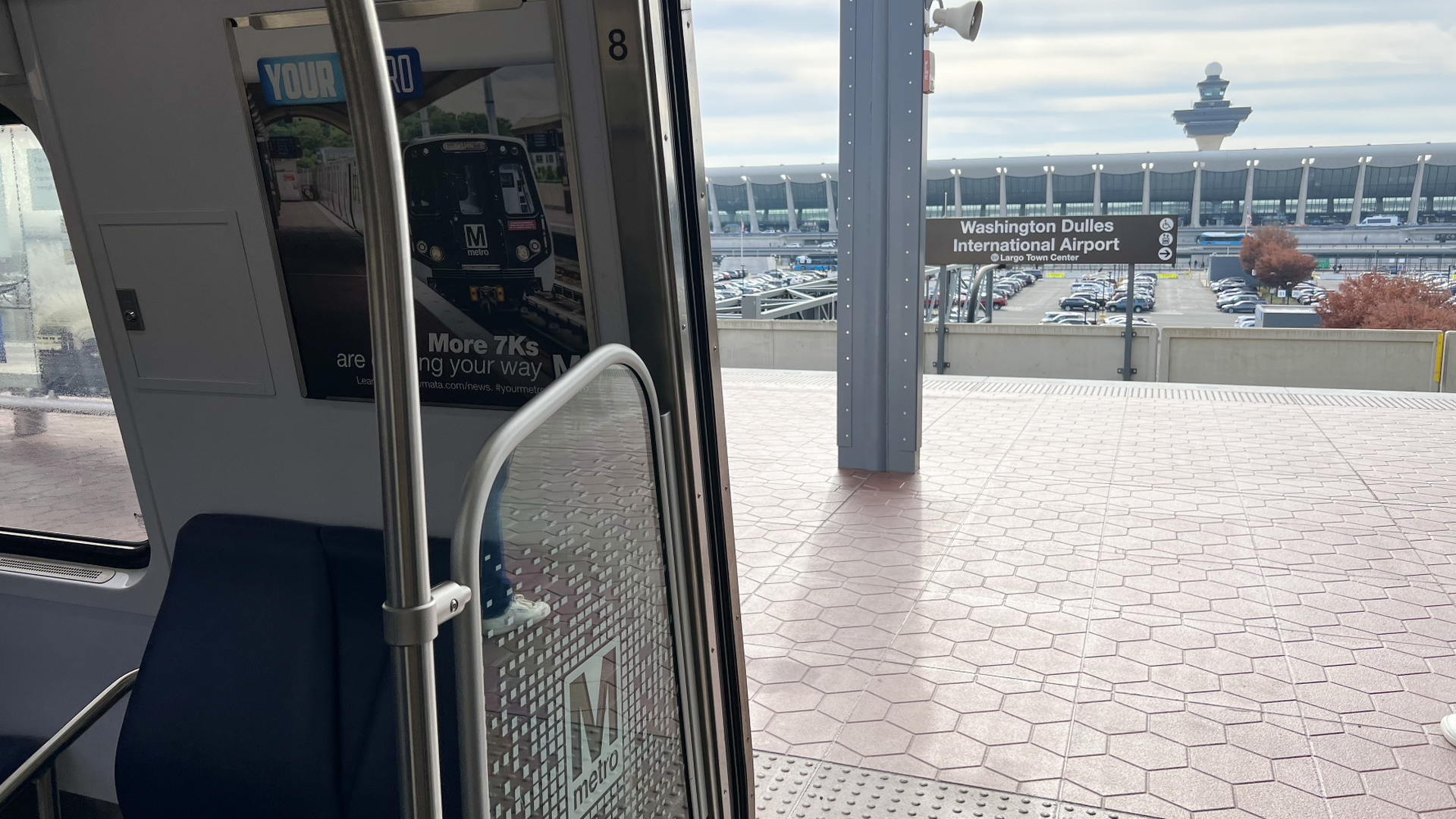 A view of Dulles Airport from inside a Metro train.
