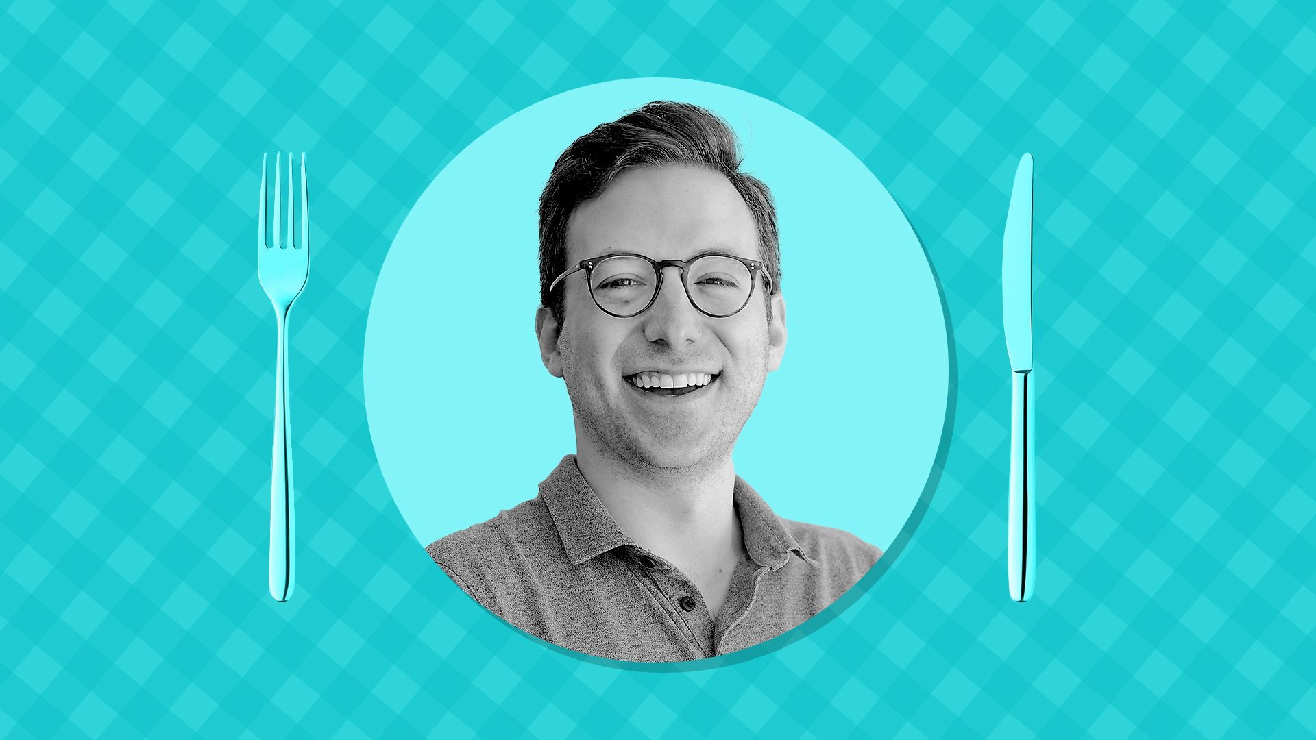 Photo illustration of Brian Harwitt on top of a checkered tablecloth pattern surrounded by a fork and knife.