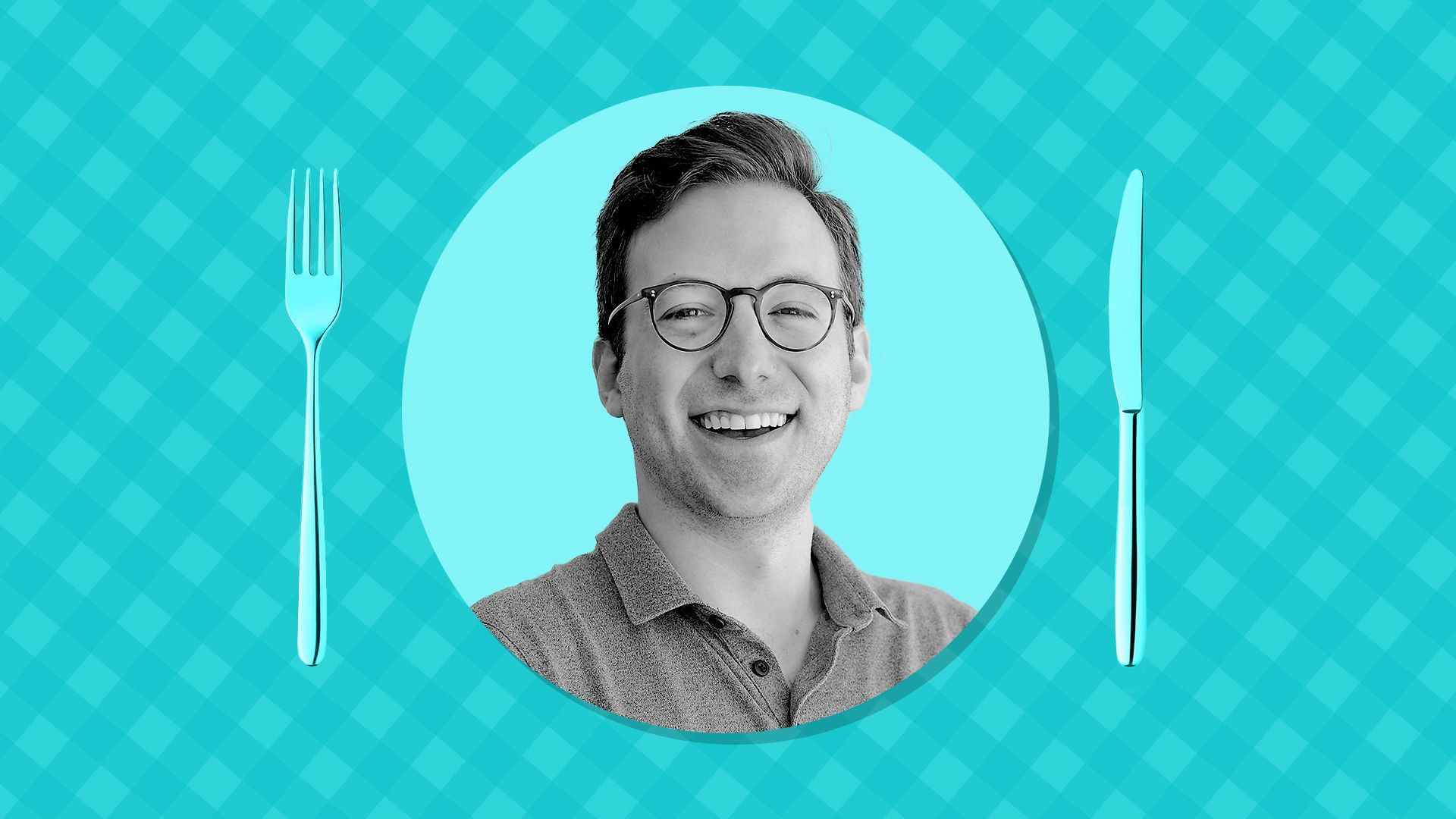 Photo illustration of Brian Harwitt on top of a checkered tablecloth pattern surrounded by a fork and knife.