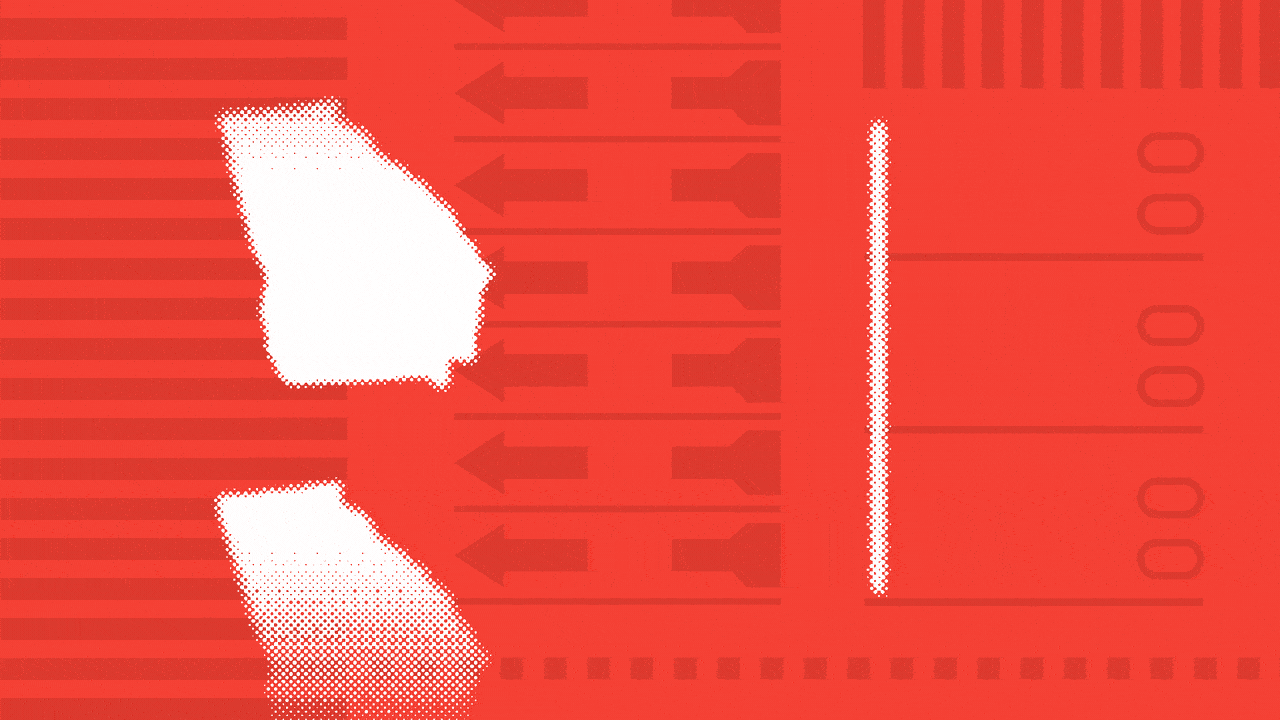 Animated photo illustration of a checkmark rotating to reveal a speaking Donald Trump, with a line of Georgia state outlines moving downward.