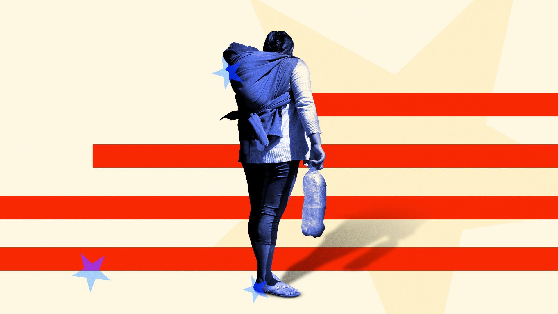 Illustration of a migrant woman with her young child walking towards stars and stripes
