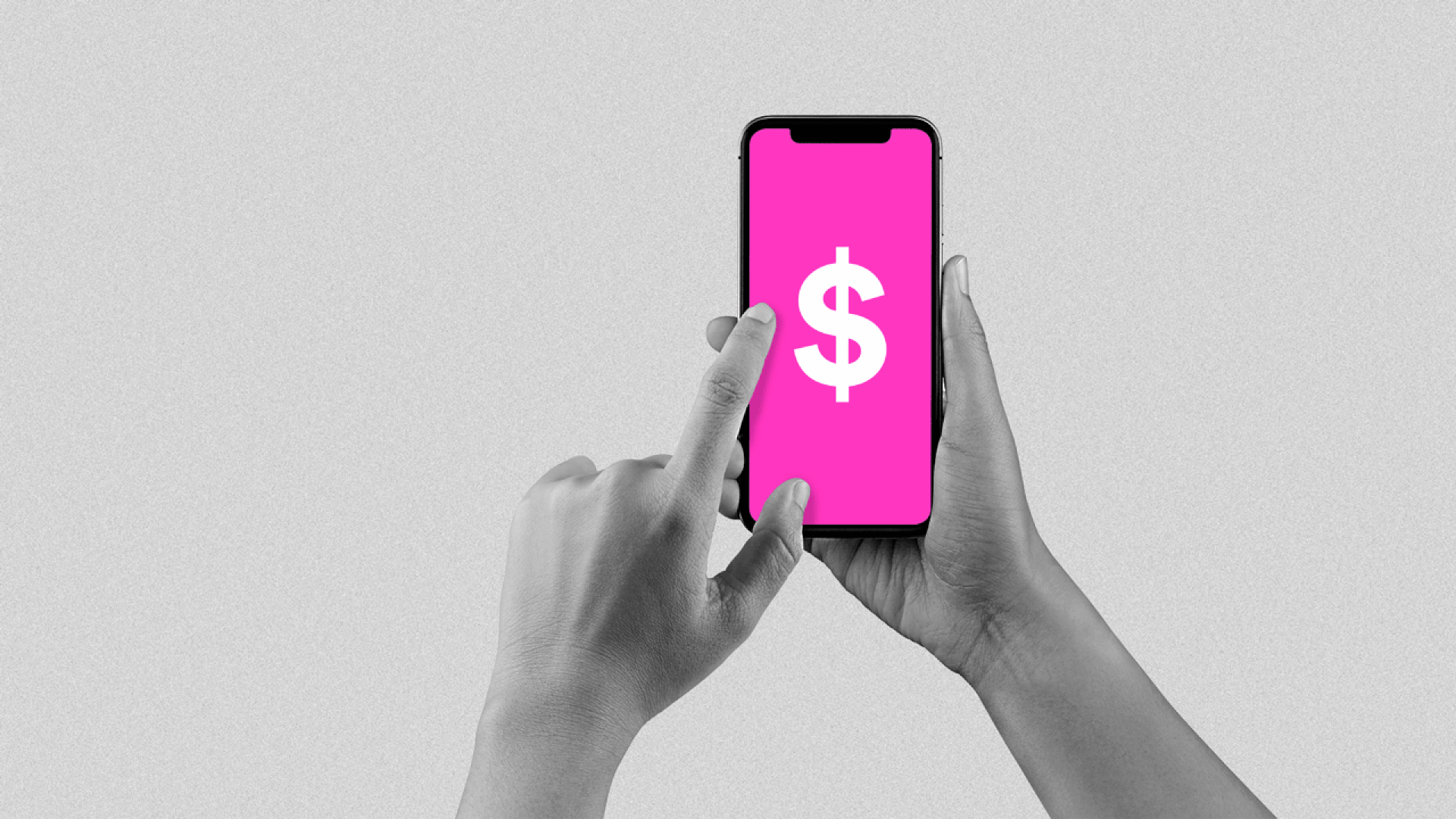Illustration of a hand holding a phone glowing with Lyft pink while a dollar sign disappears from the screen.