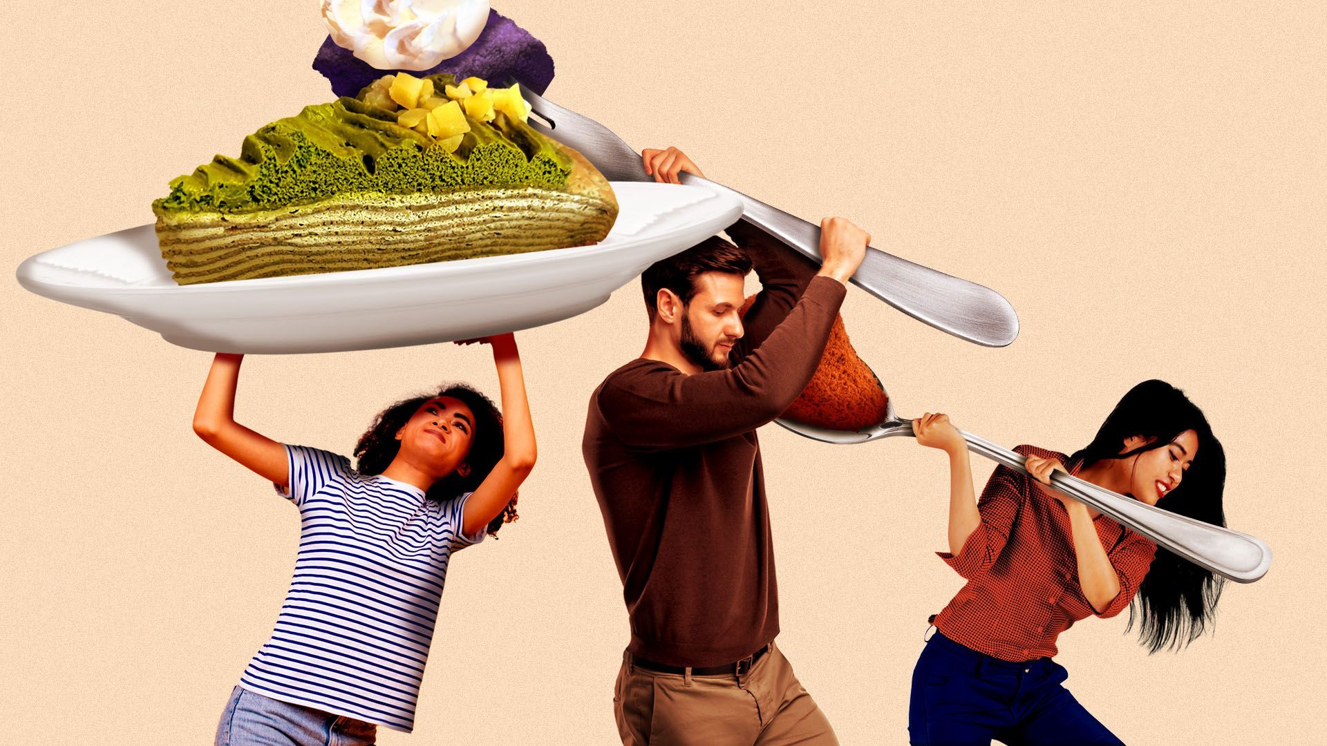 Illustration of three people holding giant cutlery and plates of food and spices