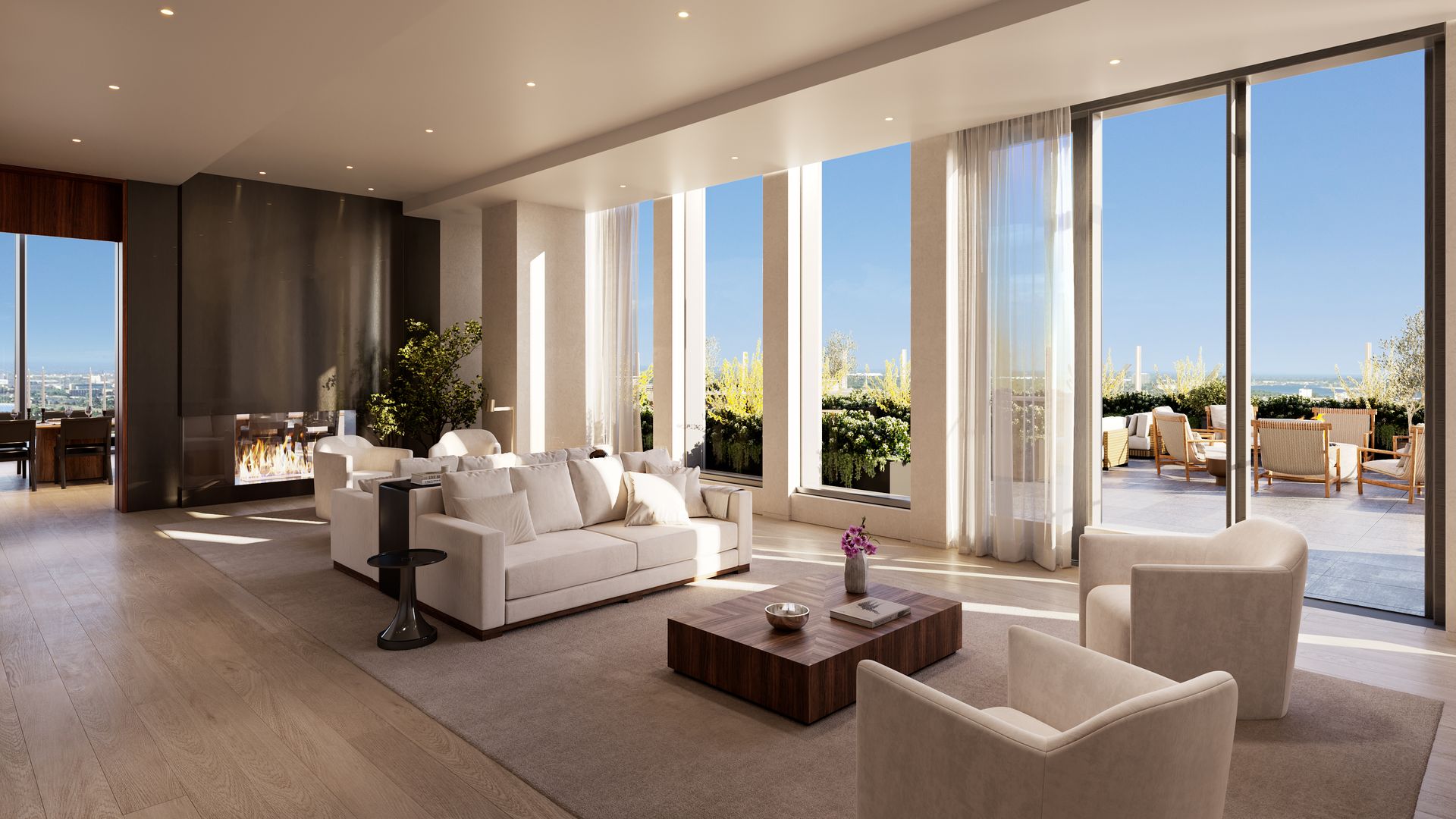 Rendering of a lounge inside The Residences at The Detroit Edition.