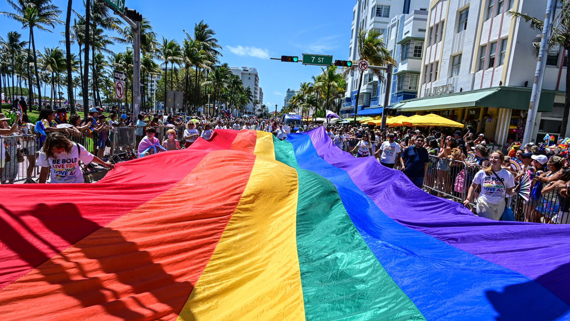 Crowd holding a large rainbow pride flag during a sunny parade on a city street lined with palm trees and spectators on both sides.
