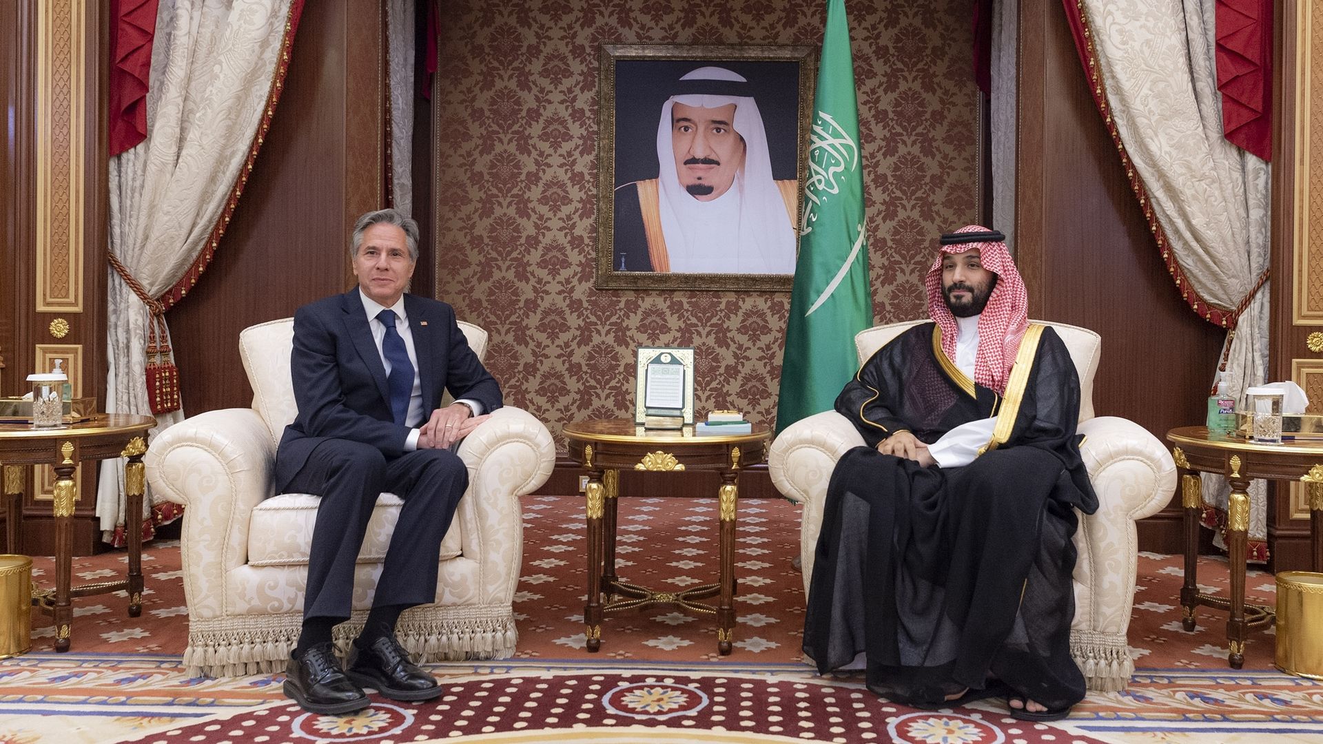 Saudi Arabian Crown Prince Mohammed bin Salman (R) meets with United States Secretary of State Antony Blinken (L) in Riyadh, Saudi Arabia on June 07, 2023.