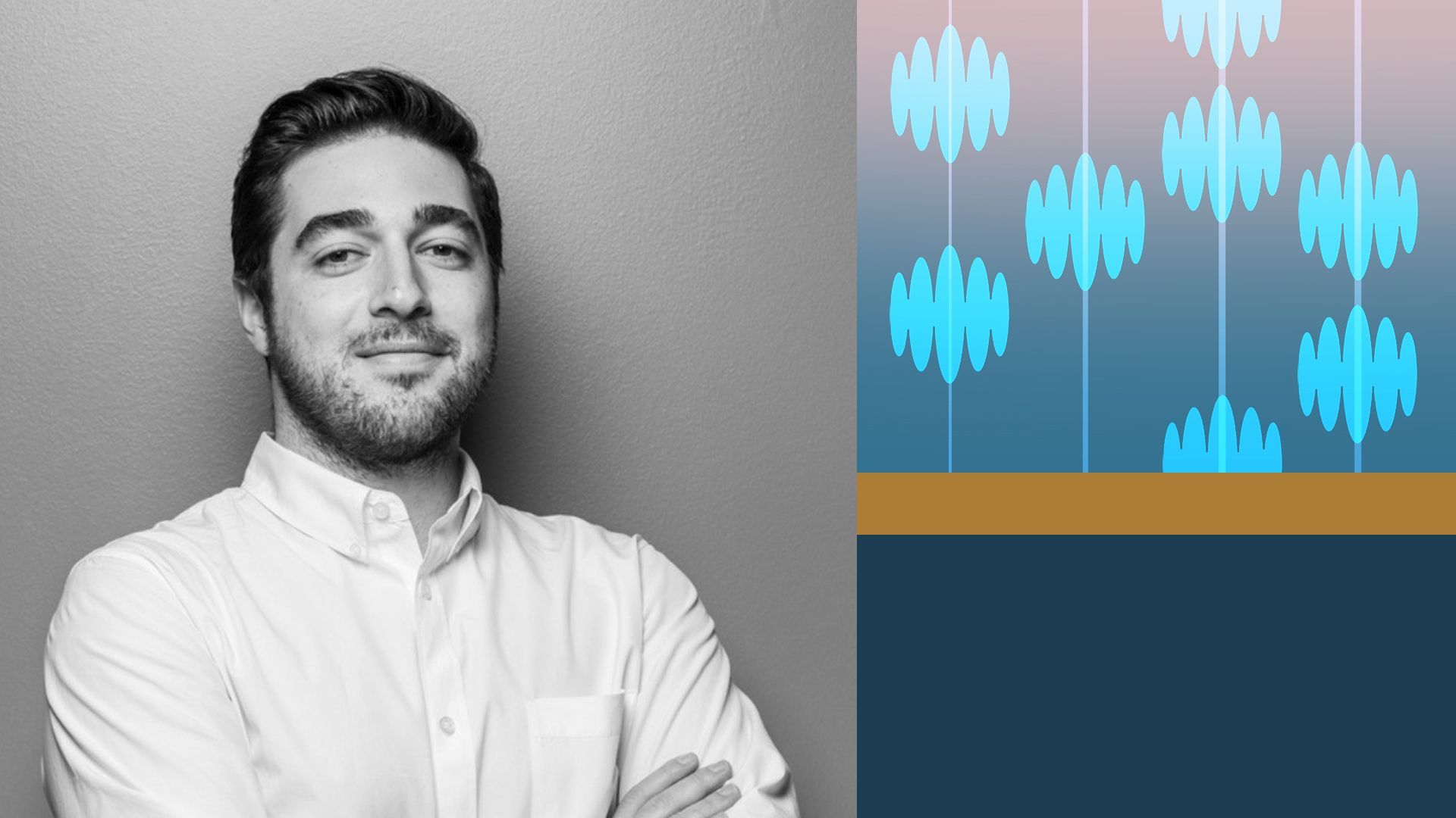 Photo illustration of Mellomanic Andy Apple CEO next to blocks of color and the Mellomanic logo repeated on guitar-like strings