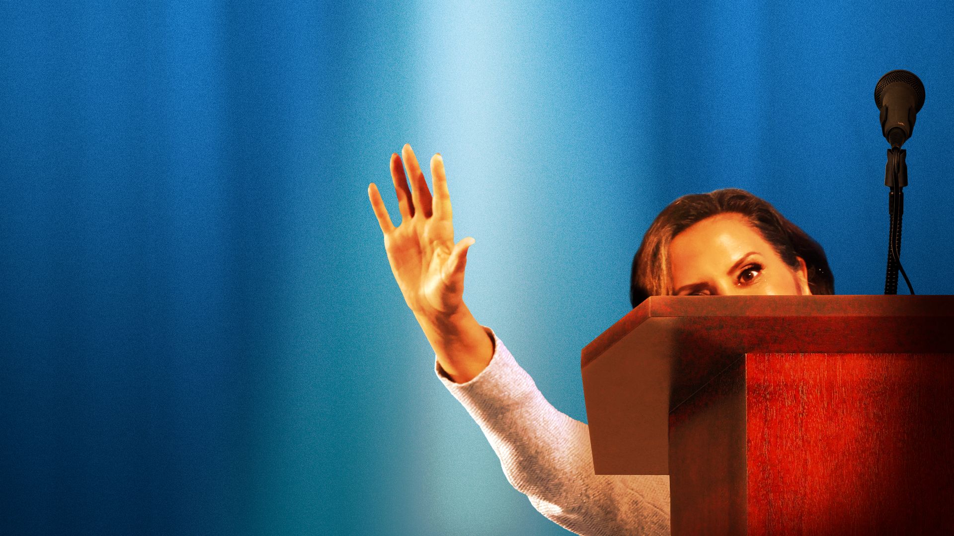 Photo illustration of governor Gretchen Whitmer waving and hiding behind a podium
