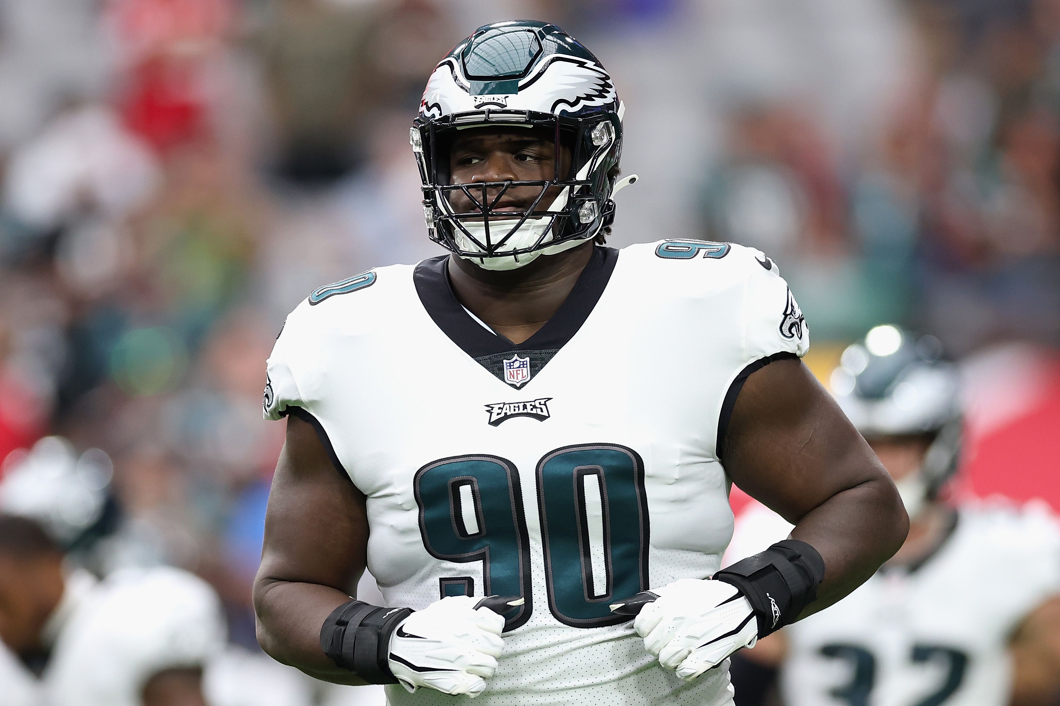  Defensive tackle Jordan Davis #90 of the Philadelphia Eagles warms up before the NFL game at State Farm Stadium on October 09, 2022 in Glendale, Arizona. The Eagles defeated the Cardinals 20-17. (Photo by Christian Petersen/Getty Images)