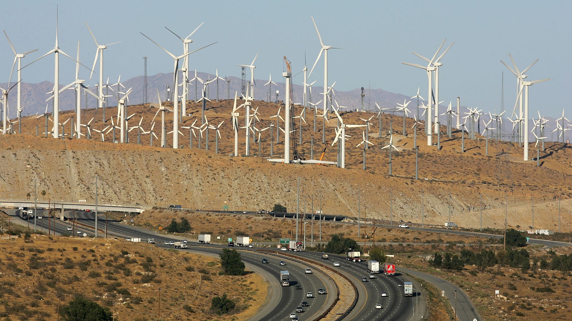 Giant wind turbines are powered by strong prevailing winds on May 13, 2008 near Palm Springs, California.