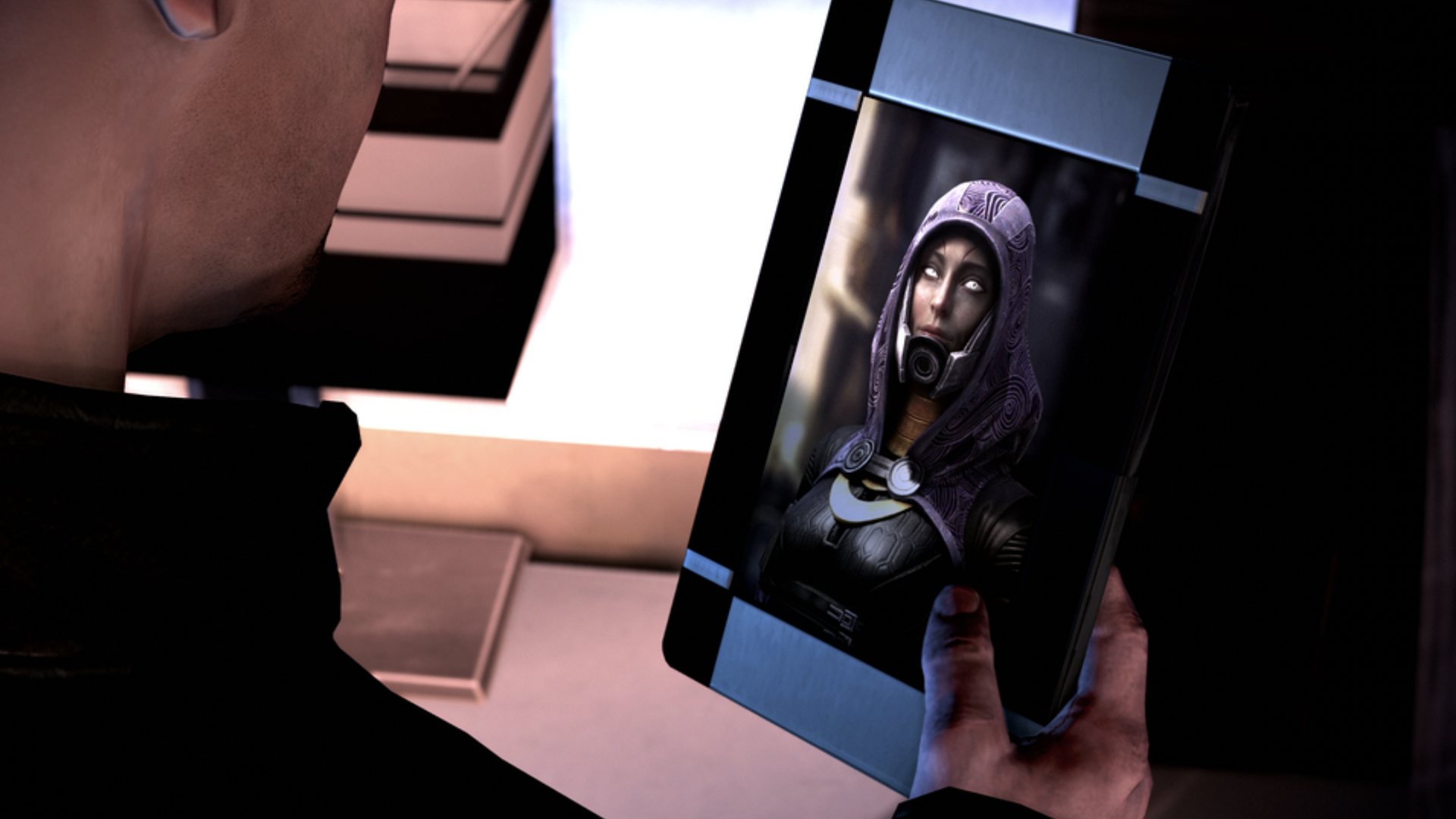 An image of Tali taken from Shepard's desk