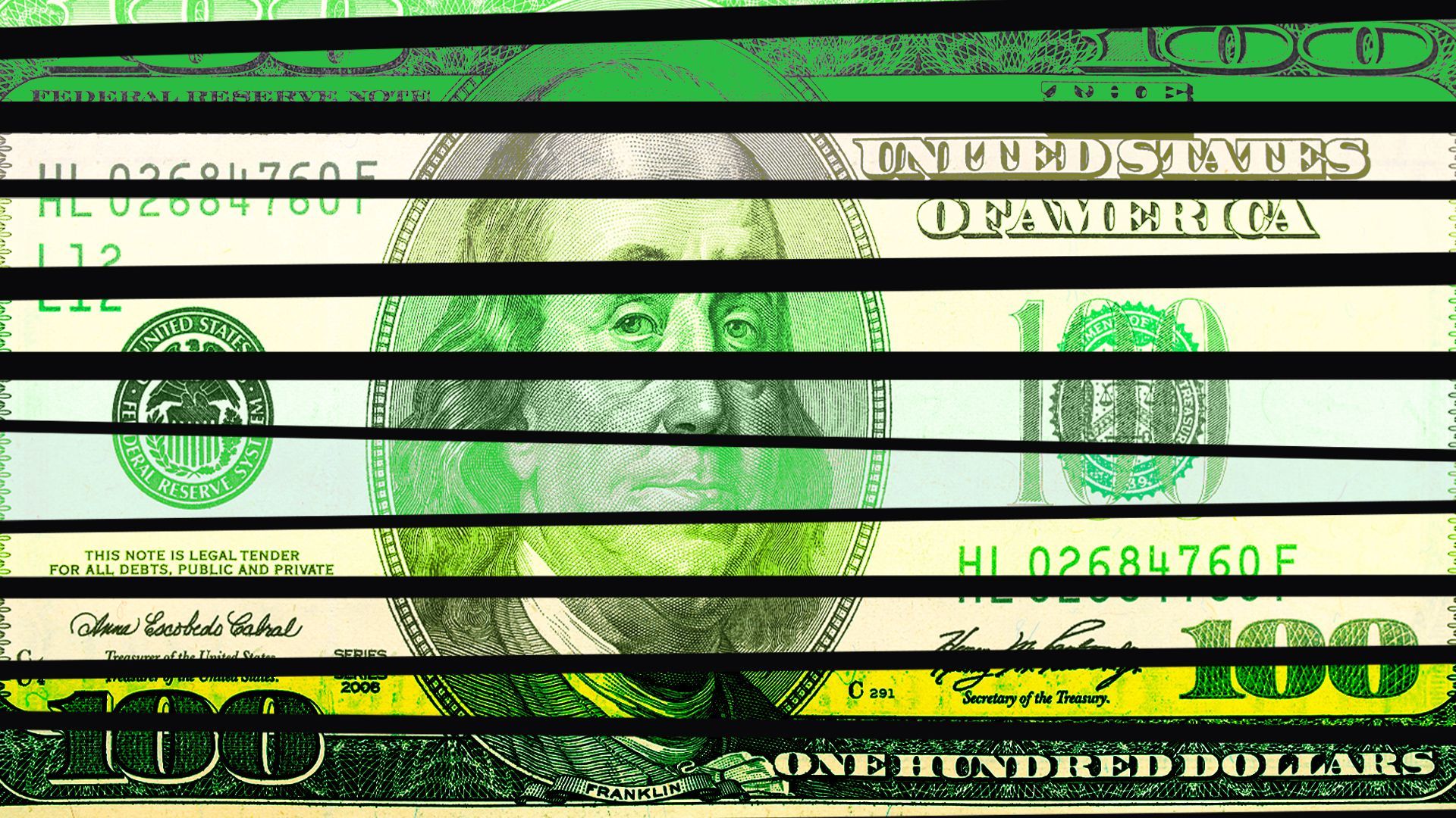Illustration of a hundred dollar bill cut up and colored different shades of green.