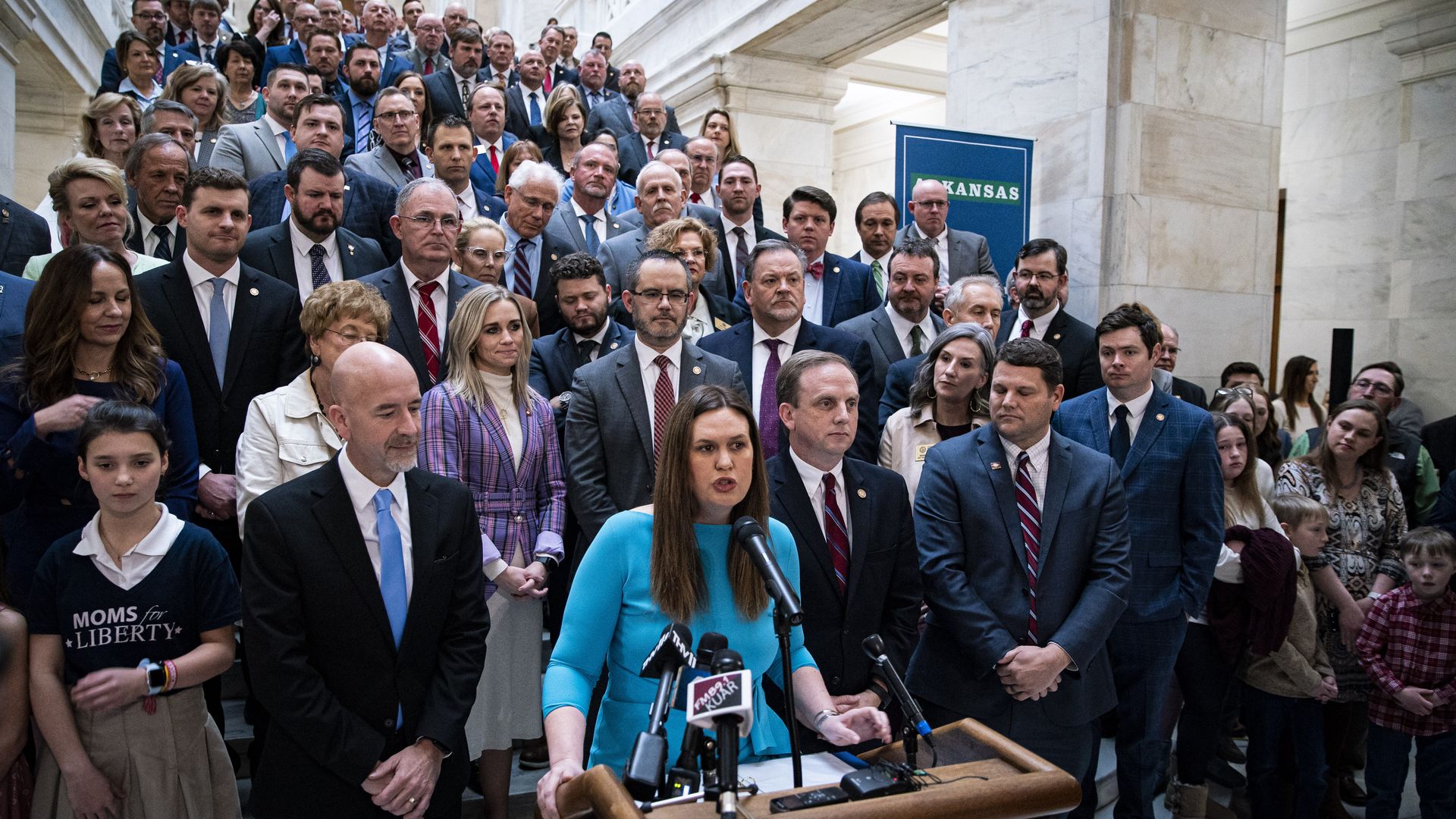 Sarah Huckabee Sanders, governor of Arkansas, speaks while unveiling the Arkansas LEARNS education bill at the Arkansas State Capitol in Little Rock, Arkansas, US, on Wednesday, Feb. 8, 2023.
