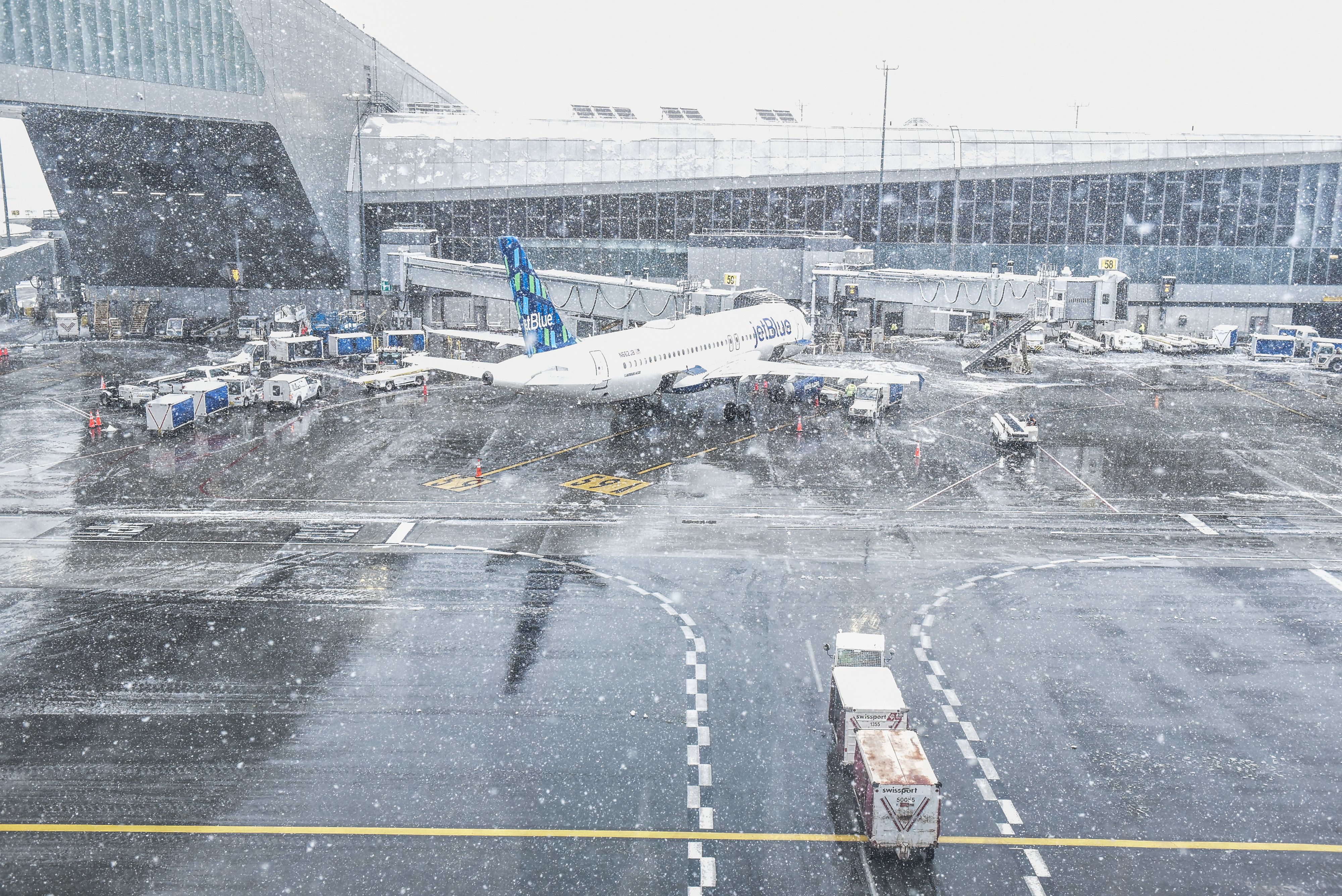 A JetBlue aircraft during the snowstorm at LaGuardia Airport on Feb. 13.