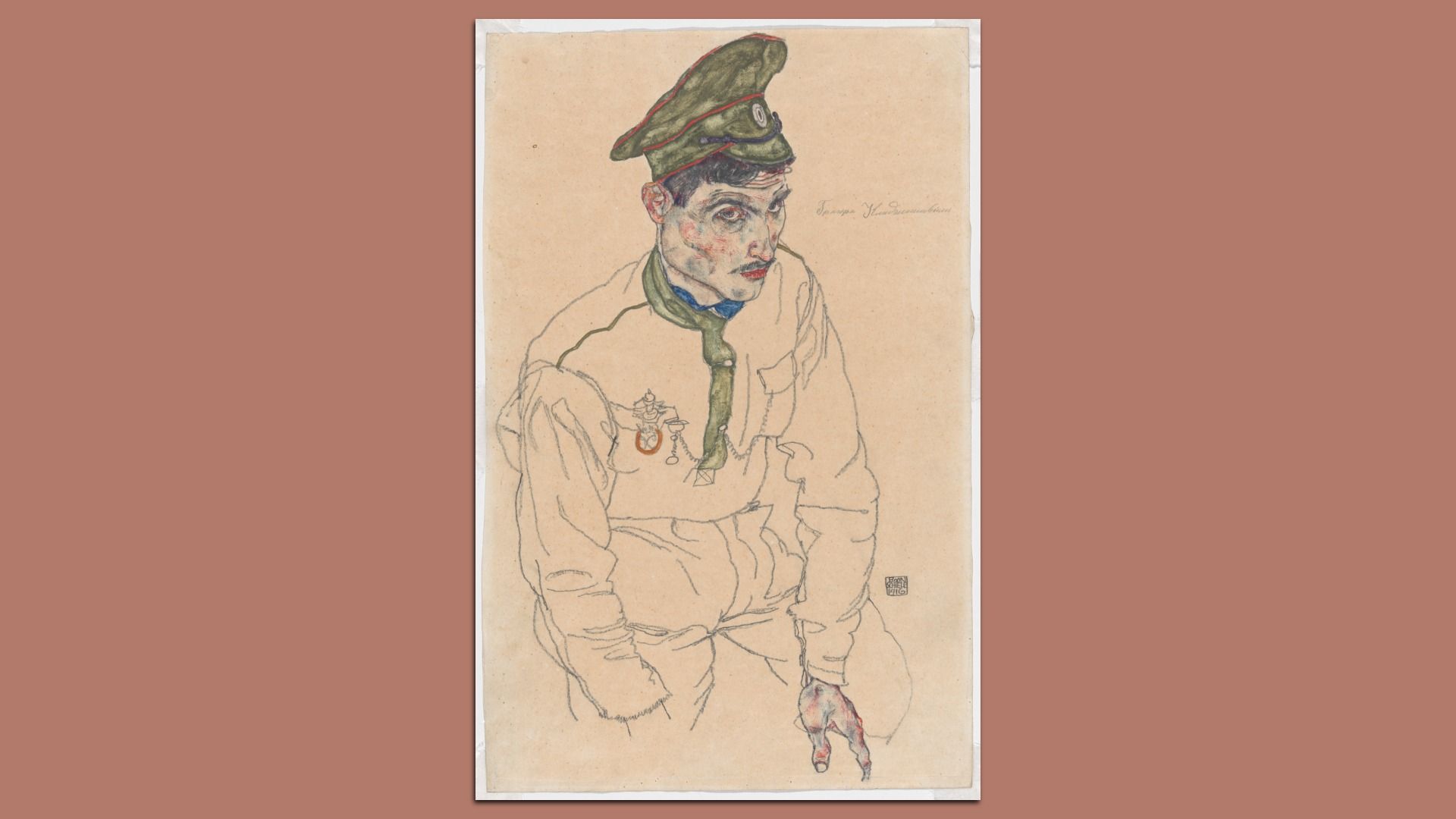 Drawing of a man wearing a military hat and suit with the hat and a scarf in green but the rest beige.