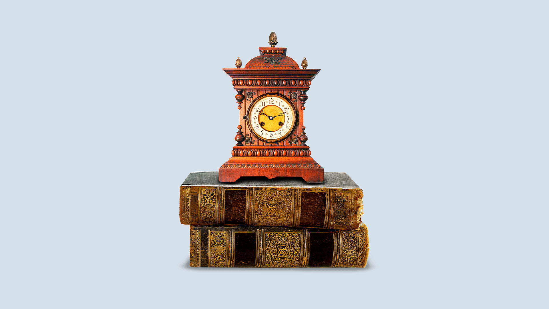 Illustration of an antique desk clock running backwards on top of a set of old law books.