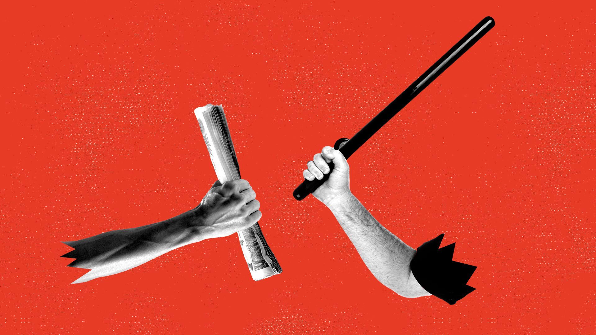 Illustration of a fight between a man with a rolled-up newspaper and a police officer with a billy club.