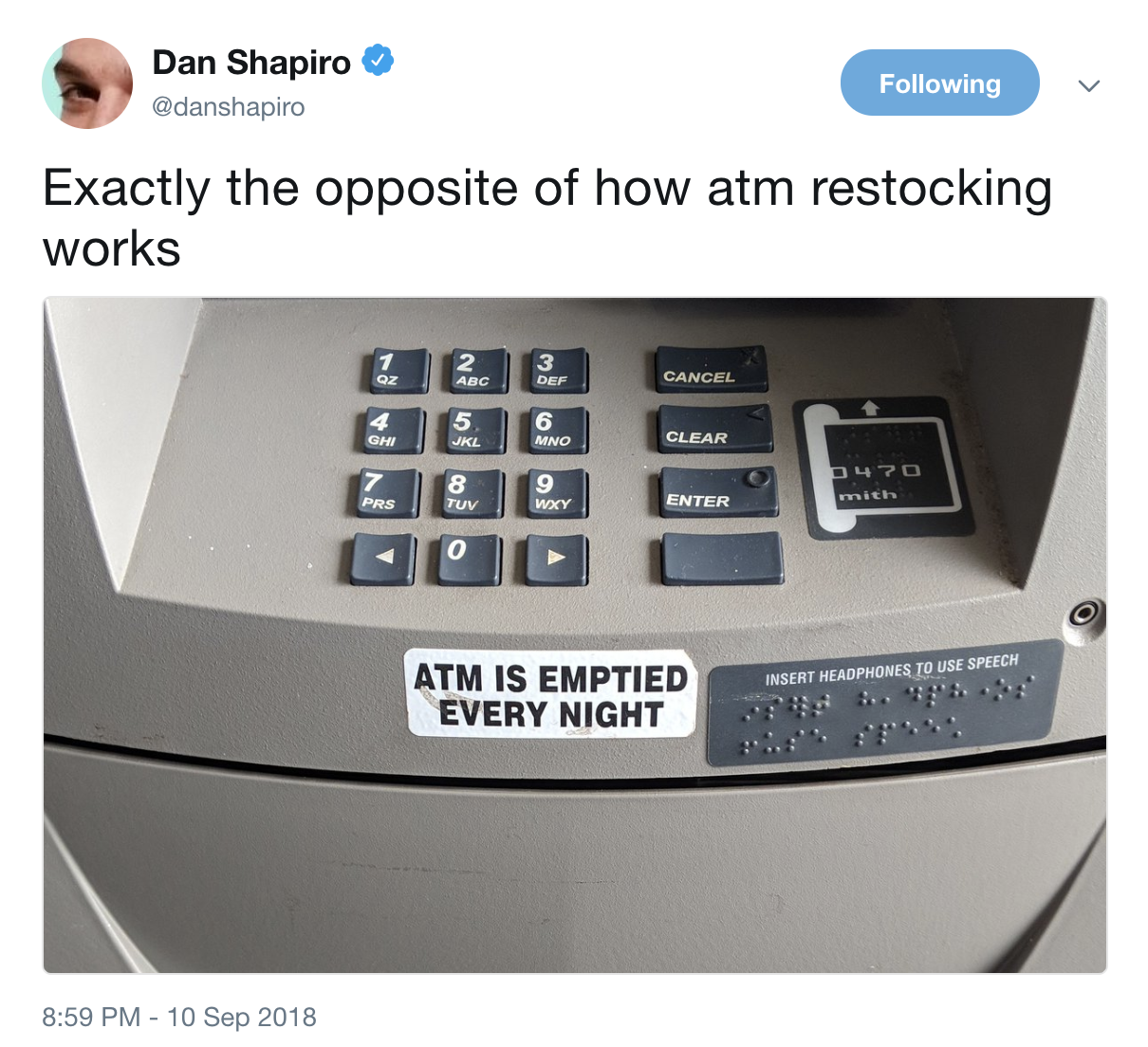 Tweet of an ATM with a sticker saying that it is emptied each night.