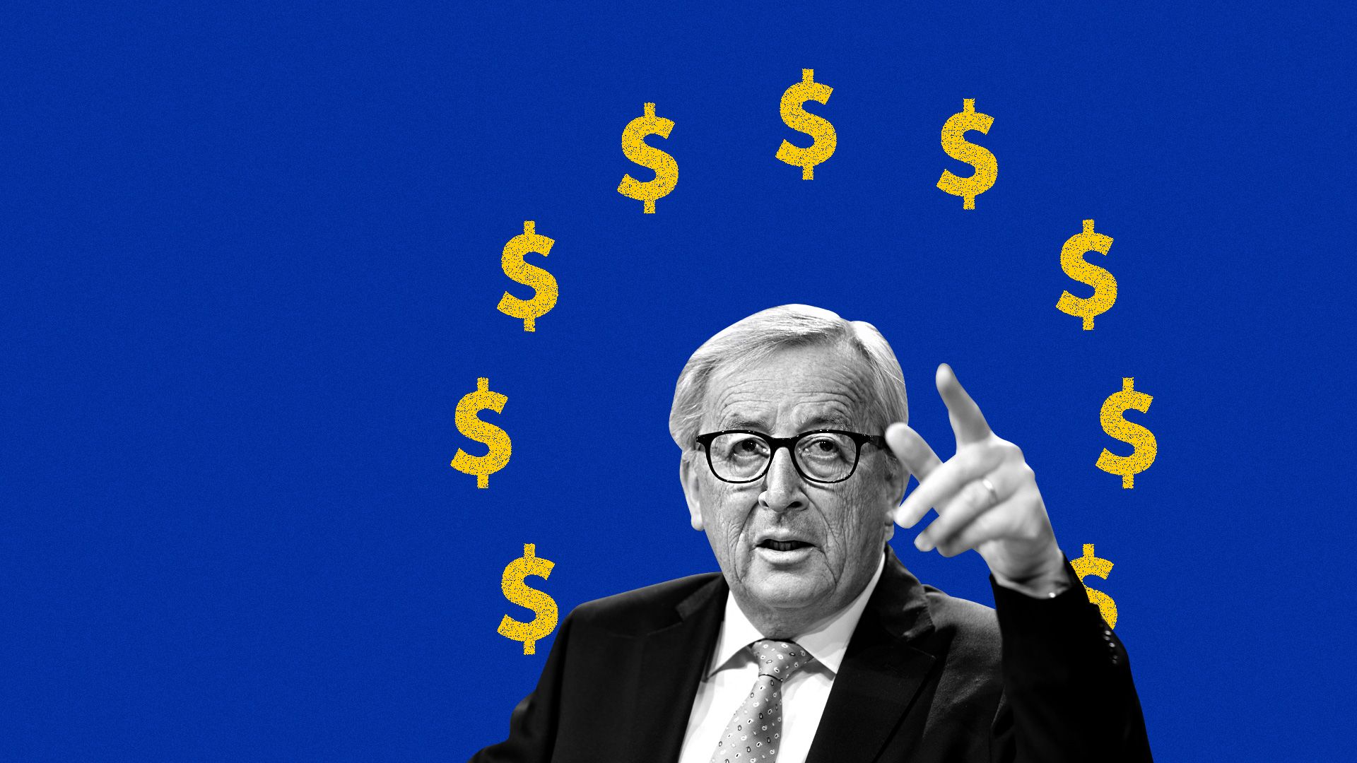 Illustration of European Commission President Jean-Claude Juncker pictured in front of the E.U. flag with dollars instead of stars.