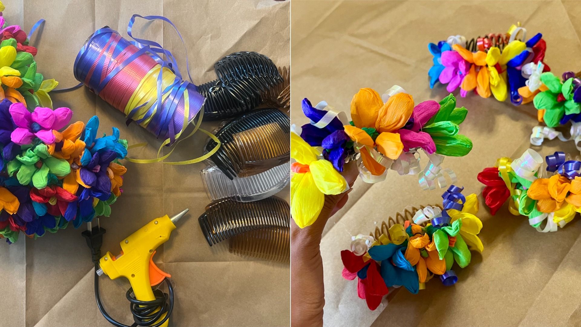 Side-by-side images showing supplies to make the accessories and the finished product.