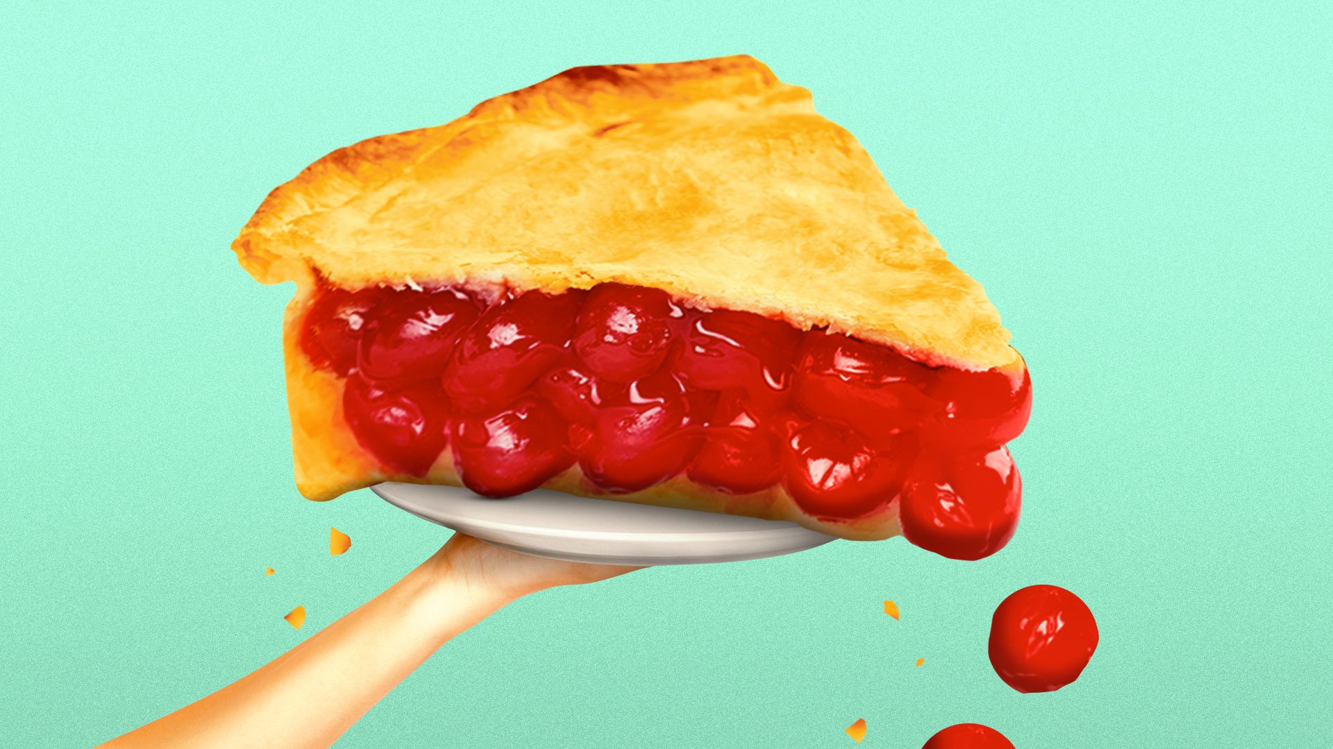 Illustration of a giant piece of pie on a small plate with crumbs and bits of fruit falling off the sides. 