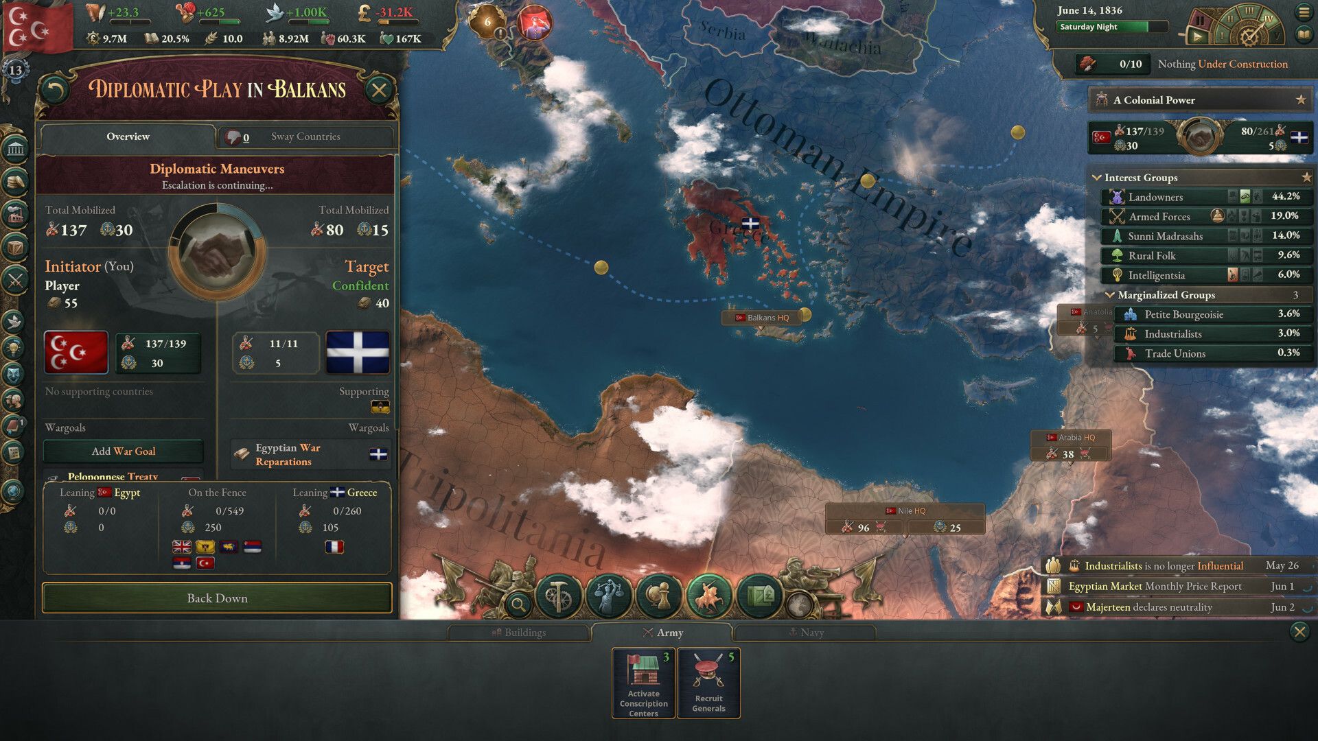 Video game screenshot of a map of the Ottoman Empire and menus showing diplomatic options involving two countries
