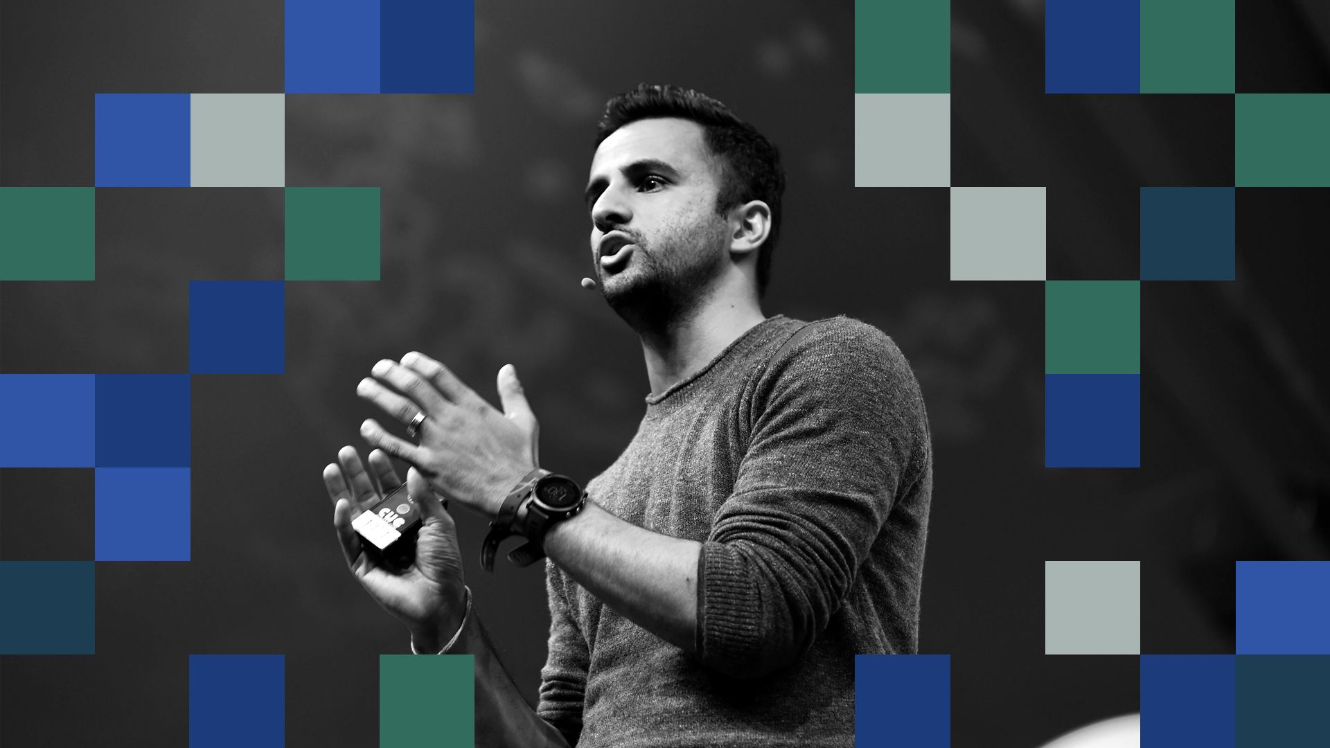 Photo illustration of Ethan Agarwal surrounded by abstract shapes. 