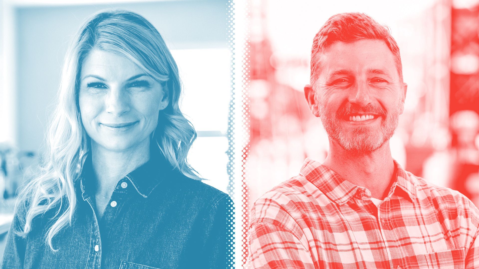 Photo illustration of Brittany Pettersen, tinted blue, and Erik Aadland, tinted red, separated by a white halftone divider.