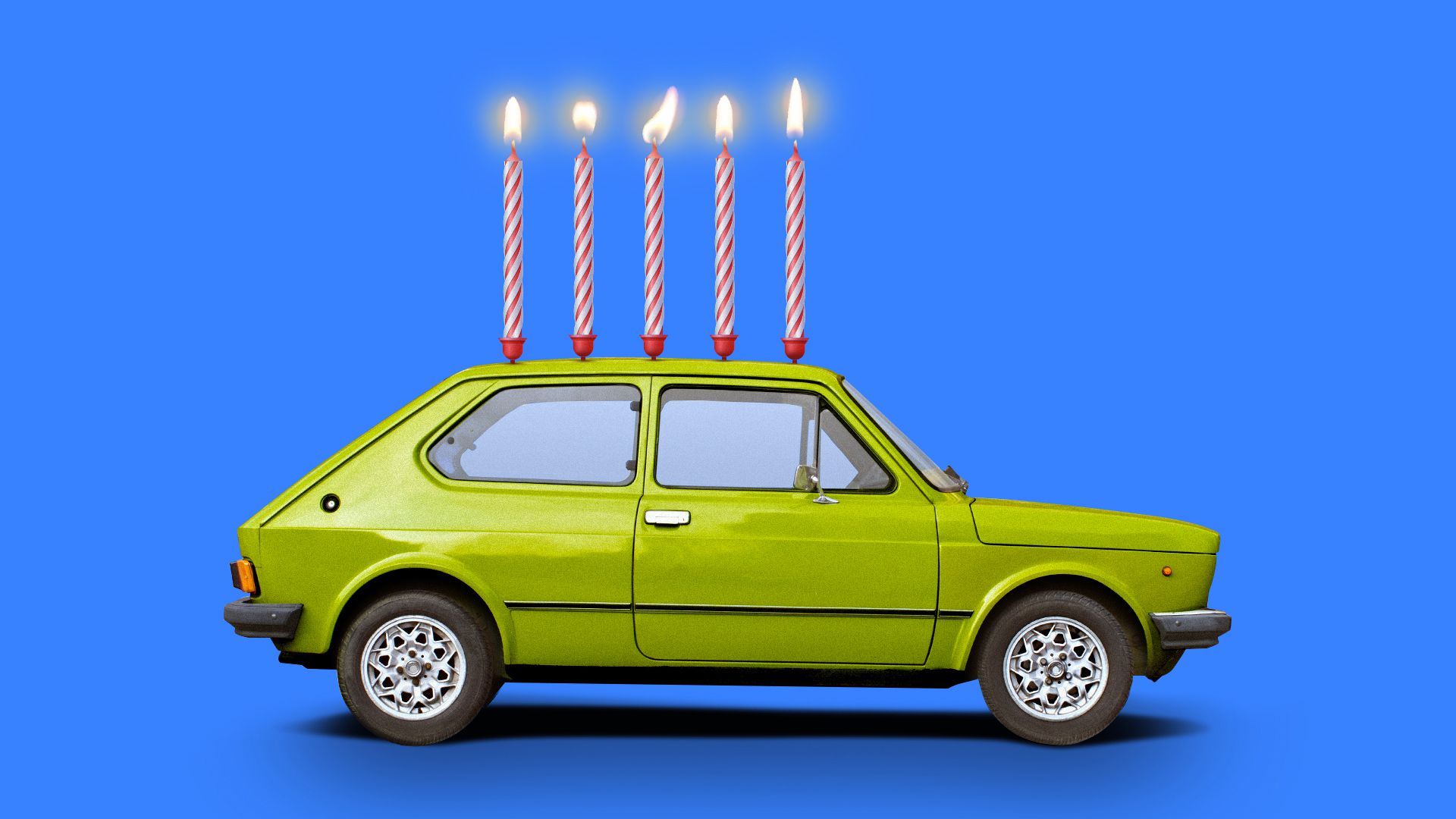 Illustration of a car with birthday candles on it.