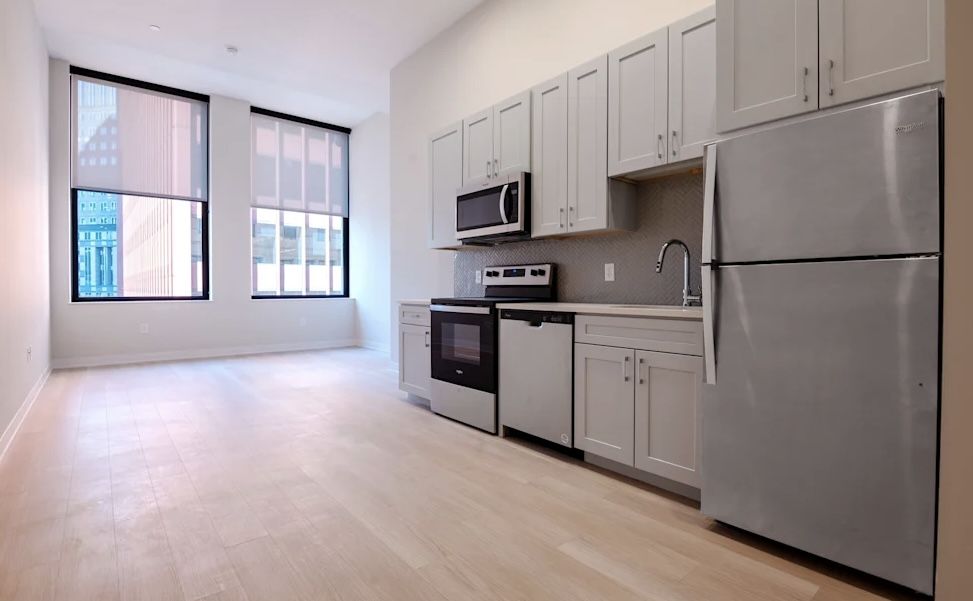 A modern kitchen area inside the new Livewell apartments in Pittsburgh.
